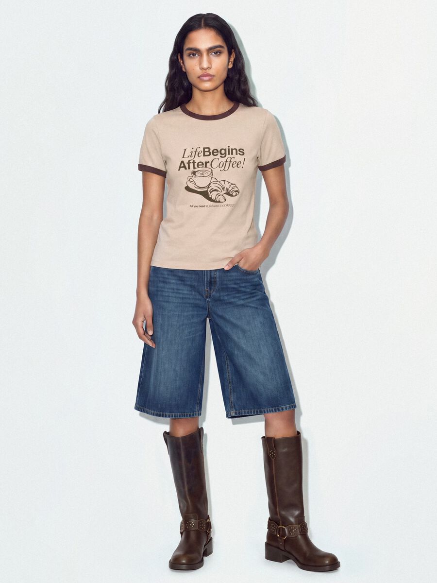 Pink cotton T-shirt with front graphic print and contrast trims_1