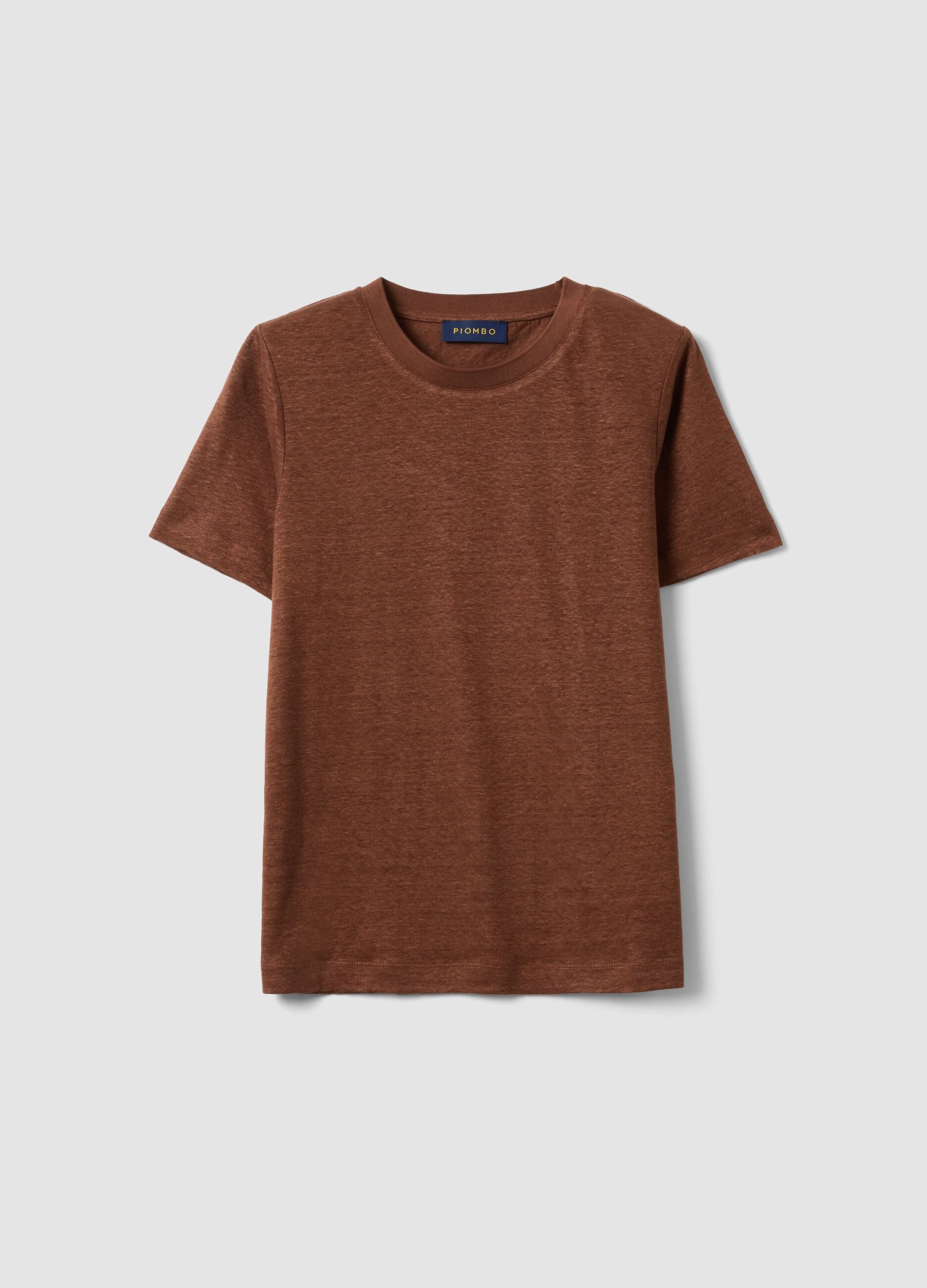 Brown pure linen short-sleeve regular-fit T-shirt