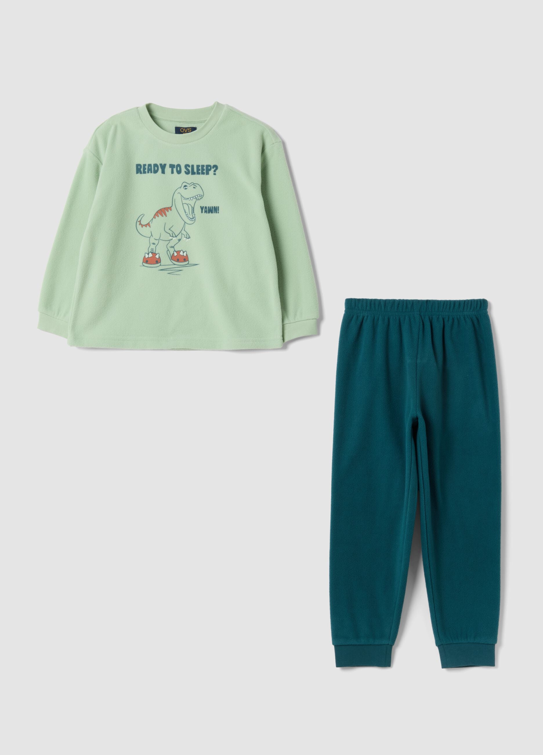 Green long dinosaur print crew-neck pyjamas
