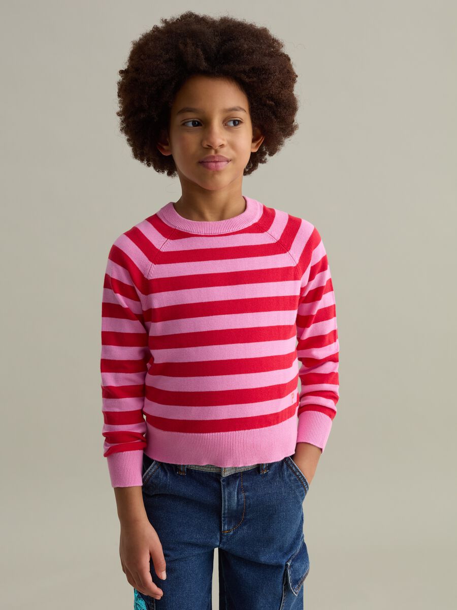 Striped cotton pullover with logo embroidery_0