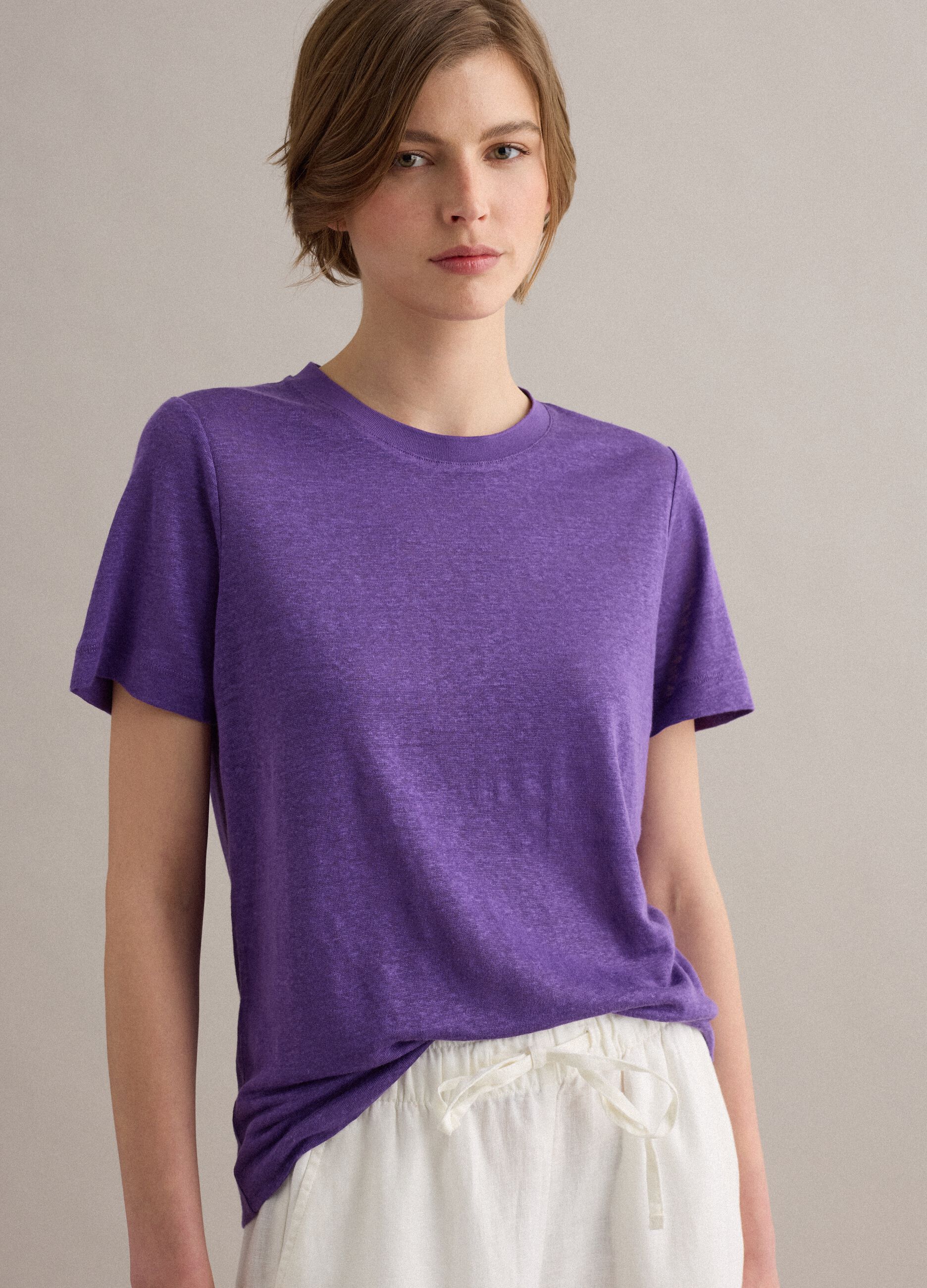 Purple pure linen regular-fit short-sleeve T-shirt