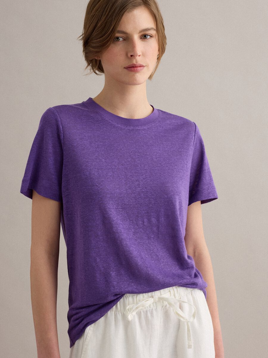 Purple pure linen regular-fit short-sleeve T-shirt_0
