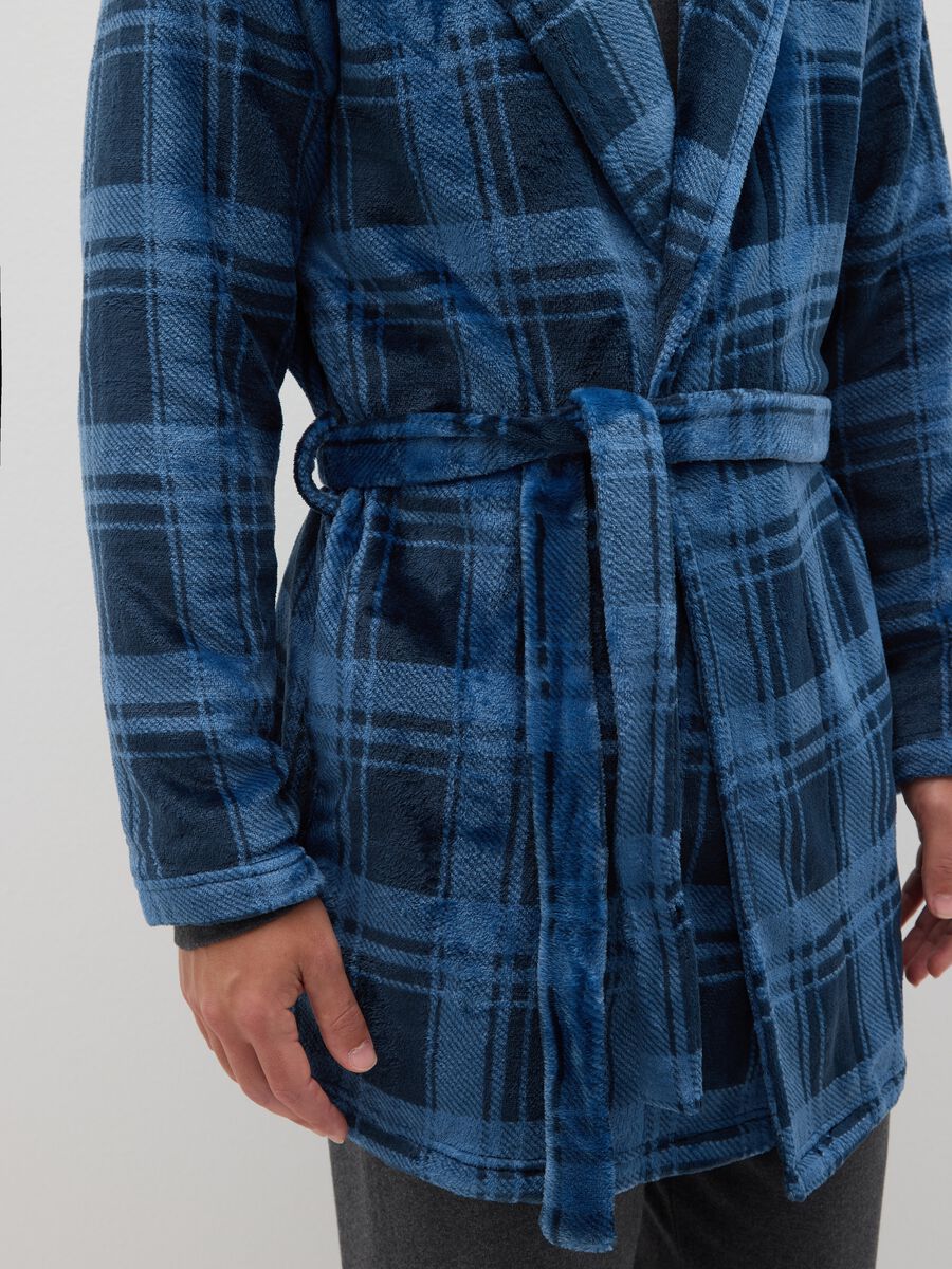 Multicoloured check coral fleece robe with belt_3