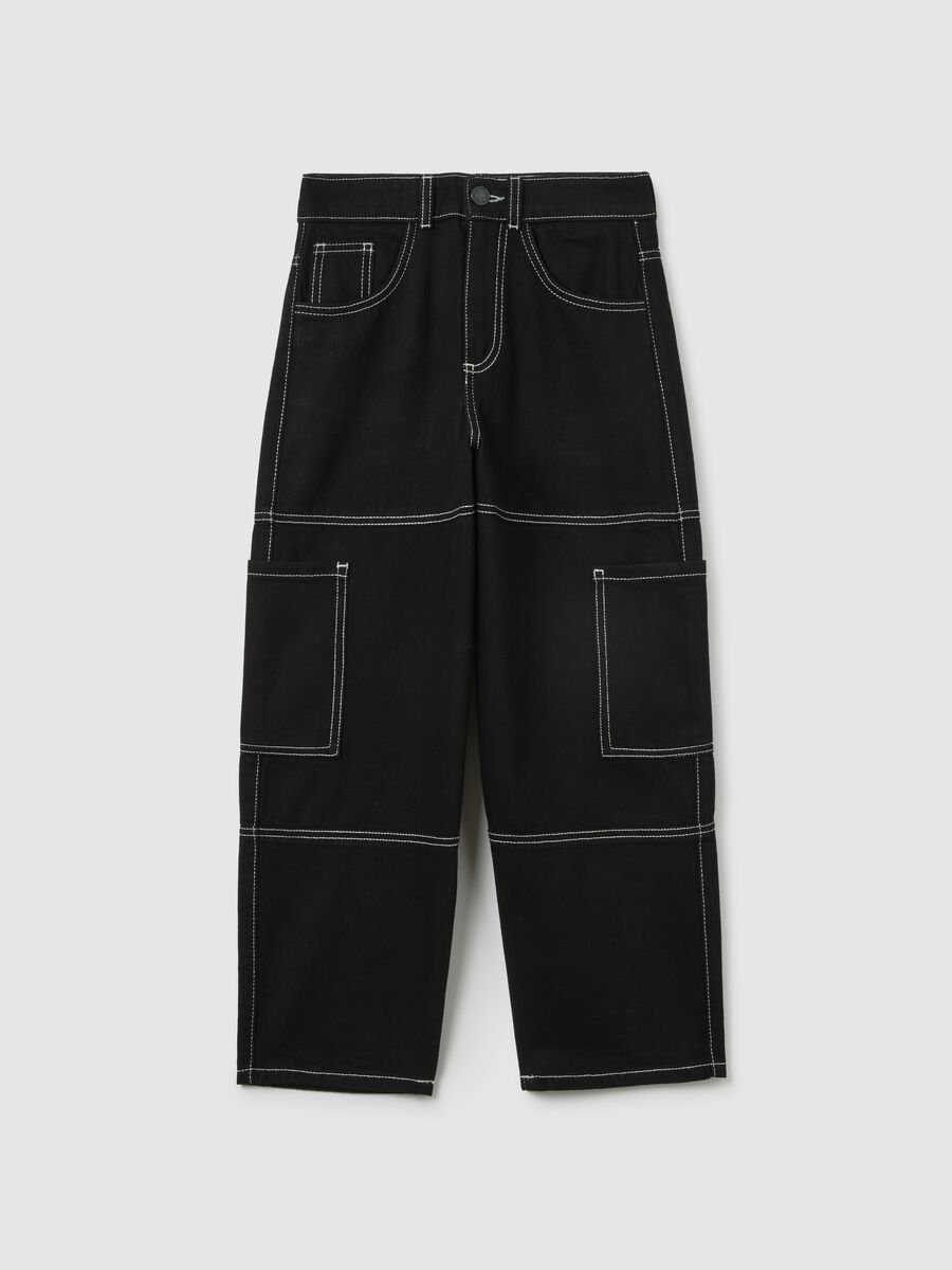 Boys' black cargo jeans in pure cotton skater fit_0