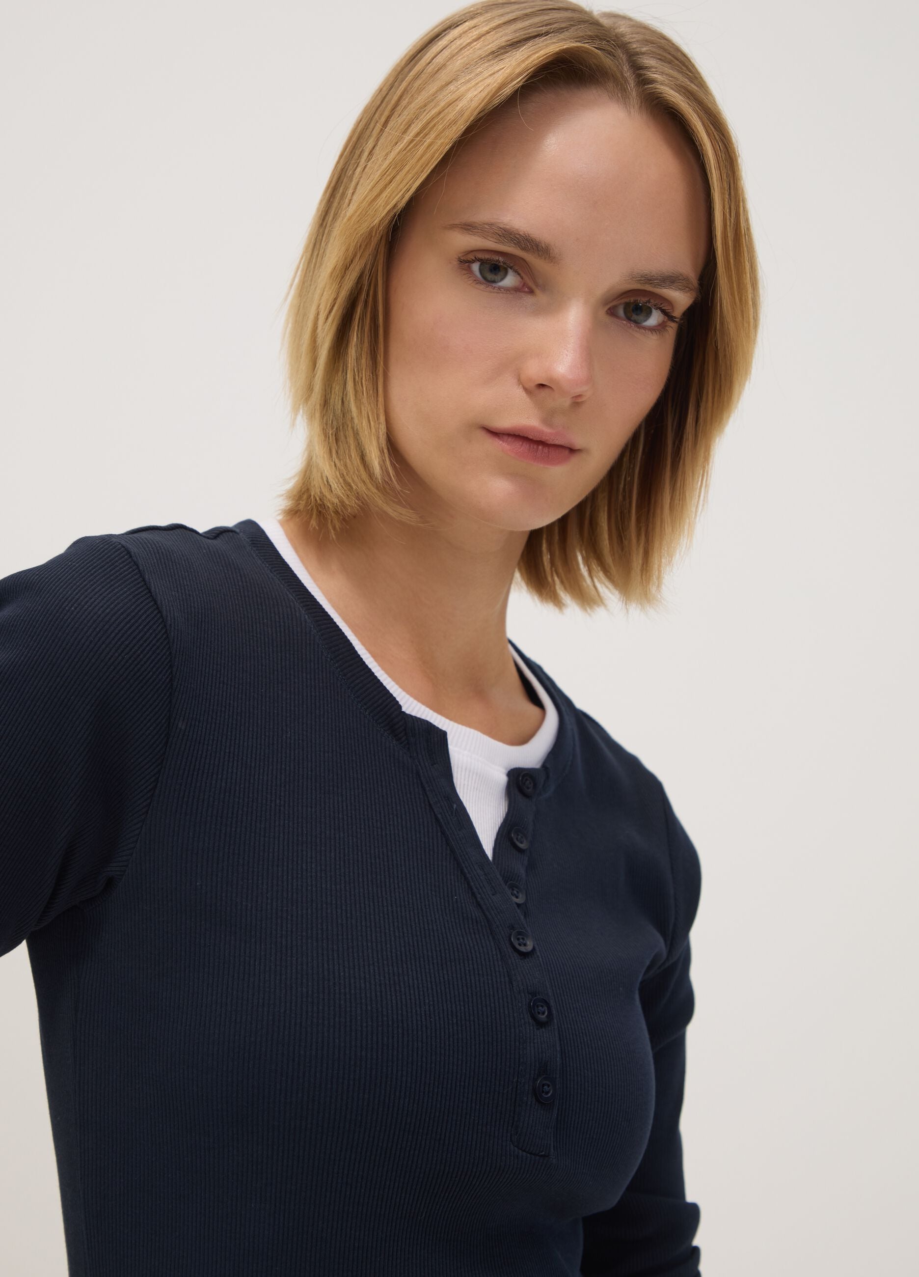 Blue long-sleeved pure cotton crew-neck T-shirt