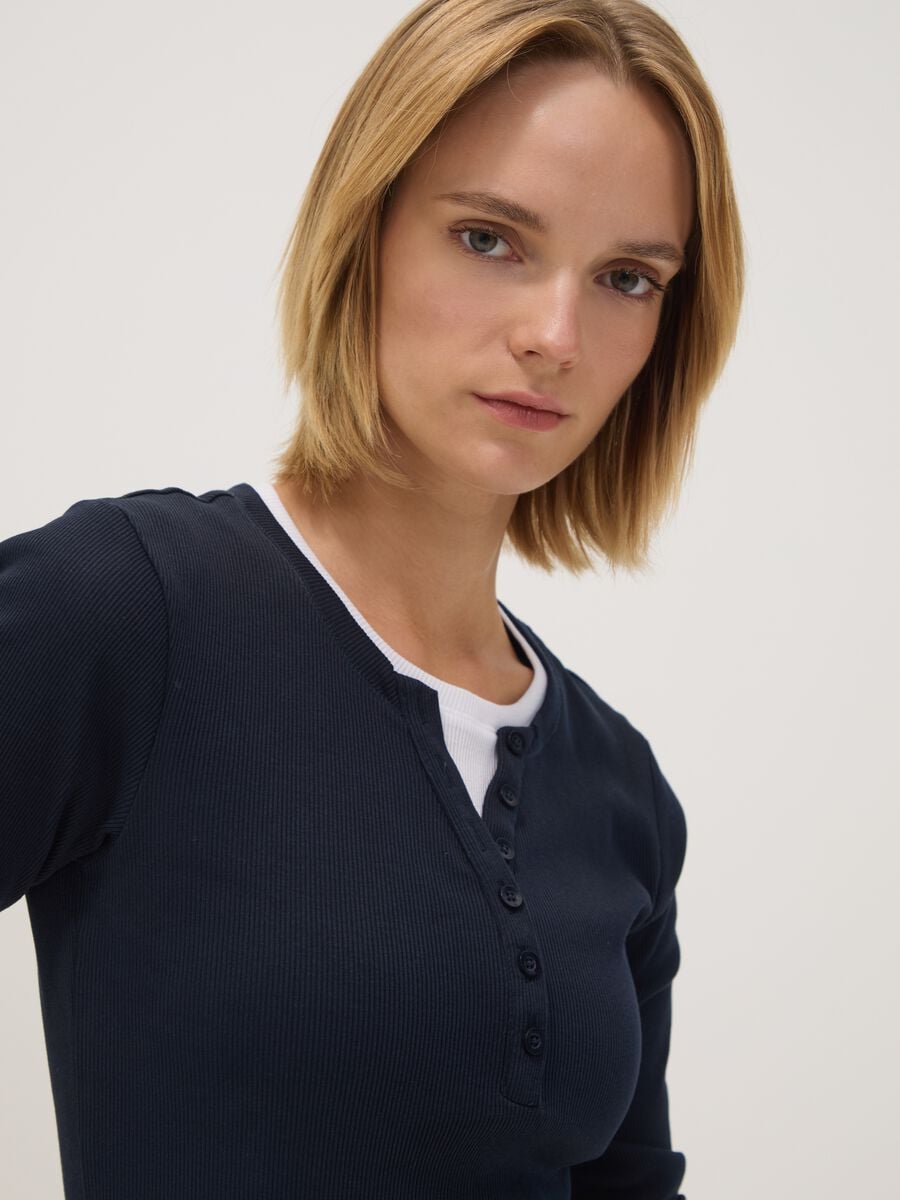 Blue long-sleeved pure cotton crew-neck T-shirt_2