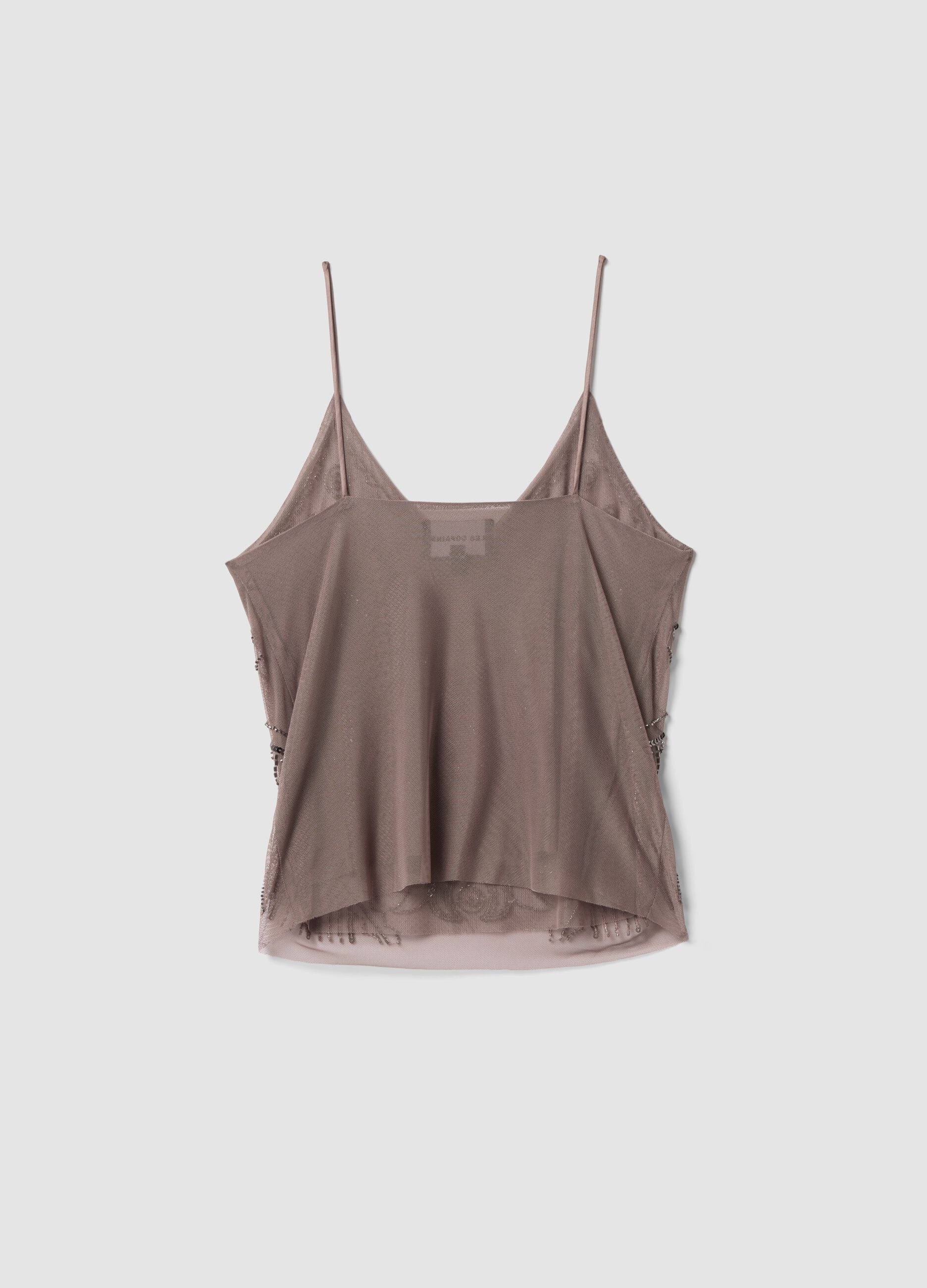 Beige fitted tank top with thin straps in stretch fabric