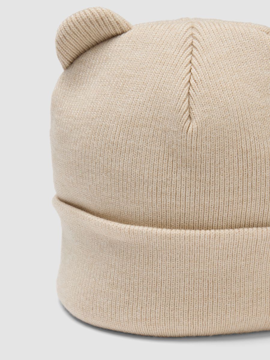 Beige knitted viscose-blend hat with ears_1