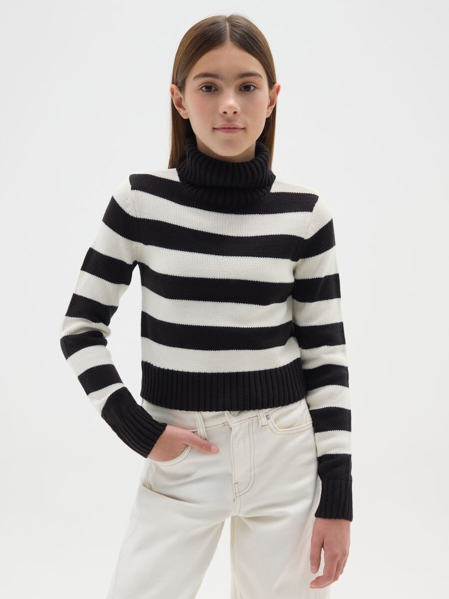 Girls' Multicolour Striped Jumper, Regular Fit with High Neck_0