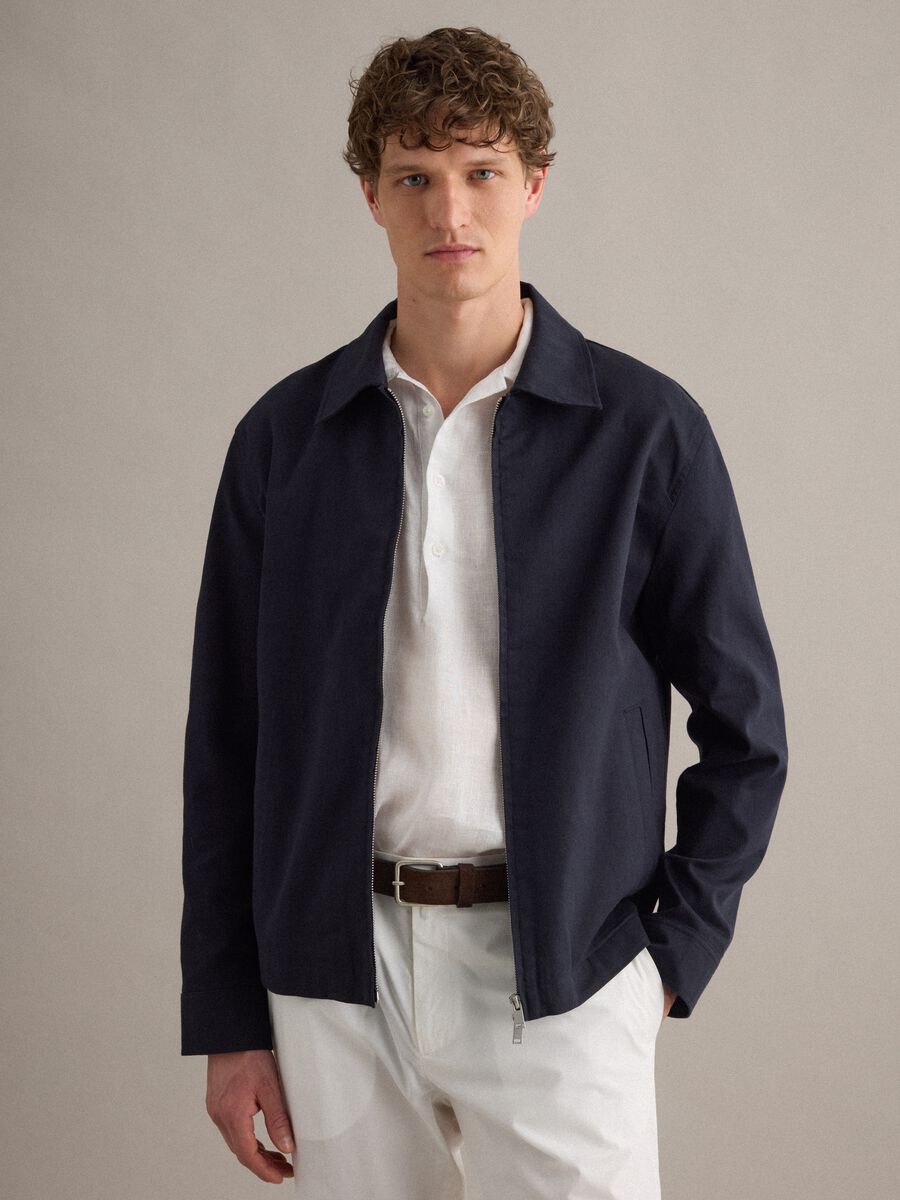 Giubbotto in misto cotone e lino blu regular fit con zip_0