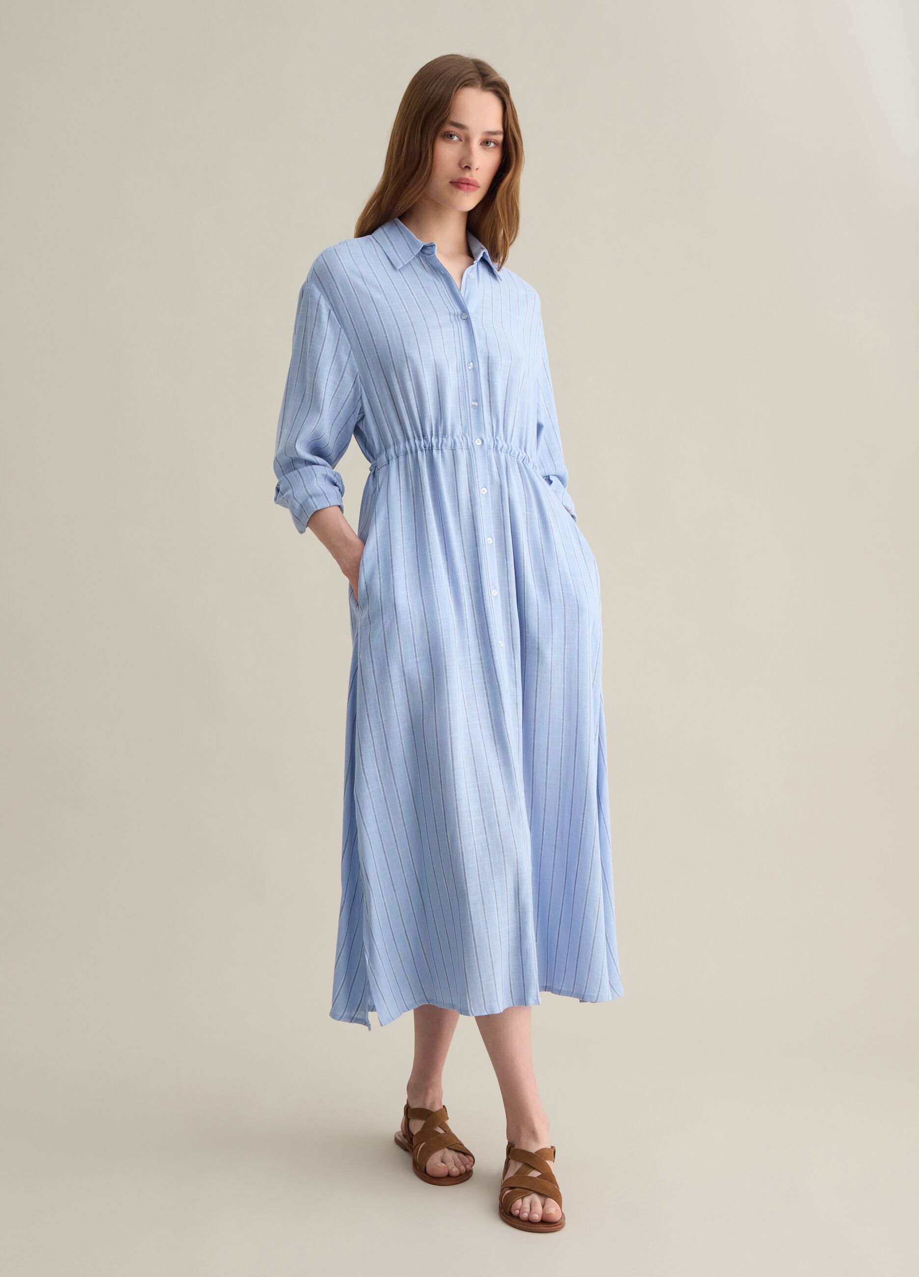 Women’s multicoloured regular-fit long dress in viscose and linen blend