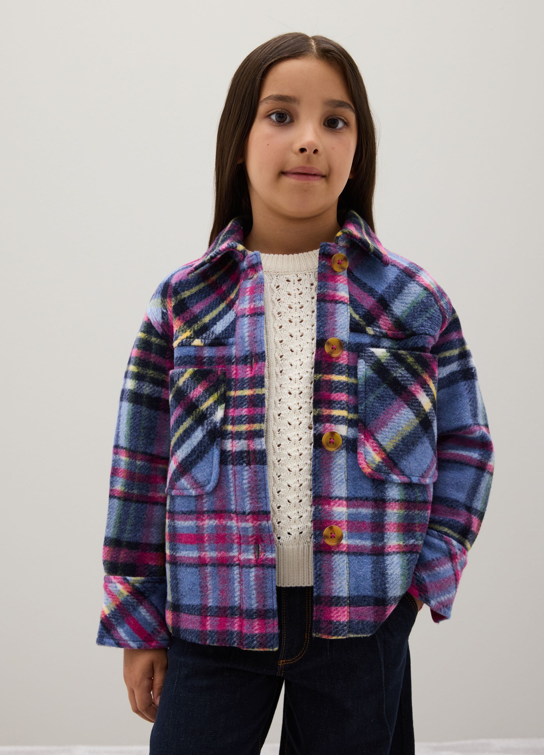 Multicolour Checked Wool Blend Shirt for Girls