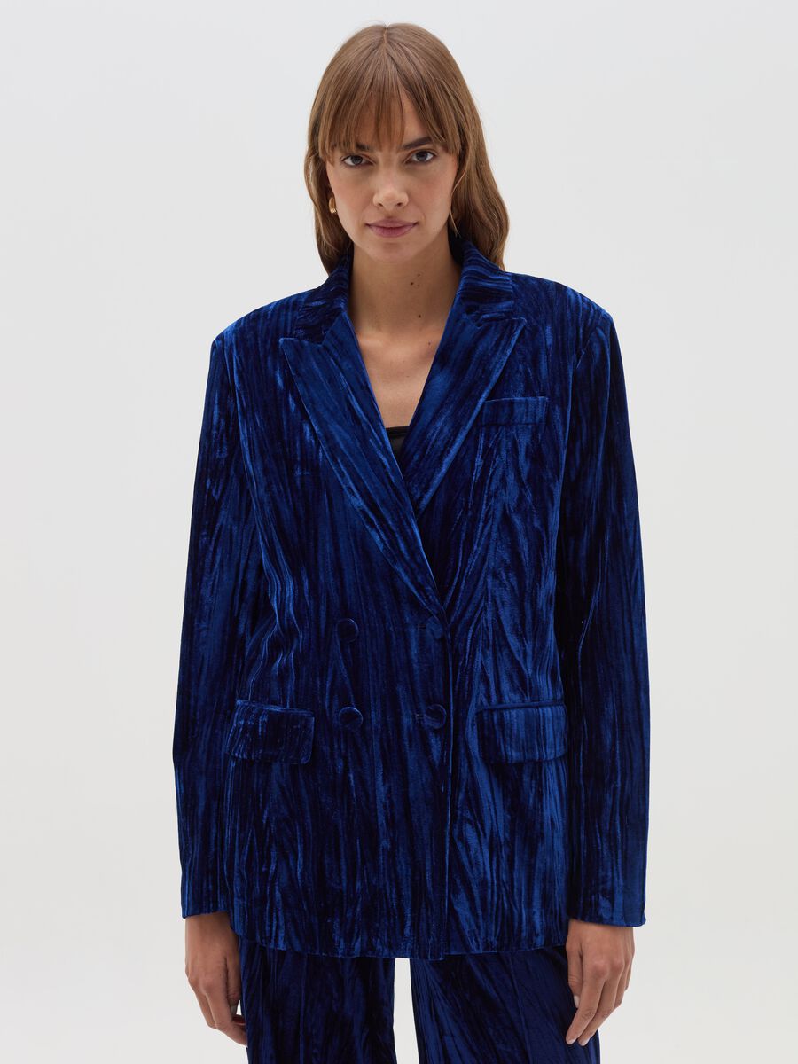 Blazer doppiopetto in velluto effetto crinkle_0