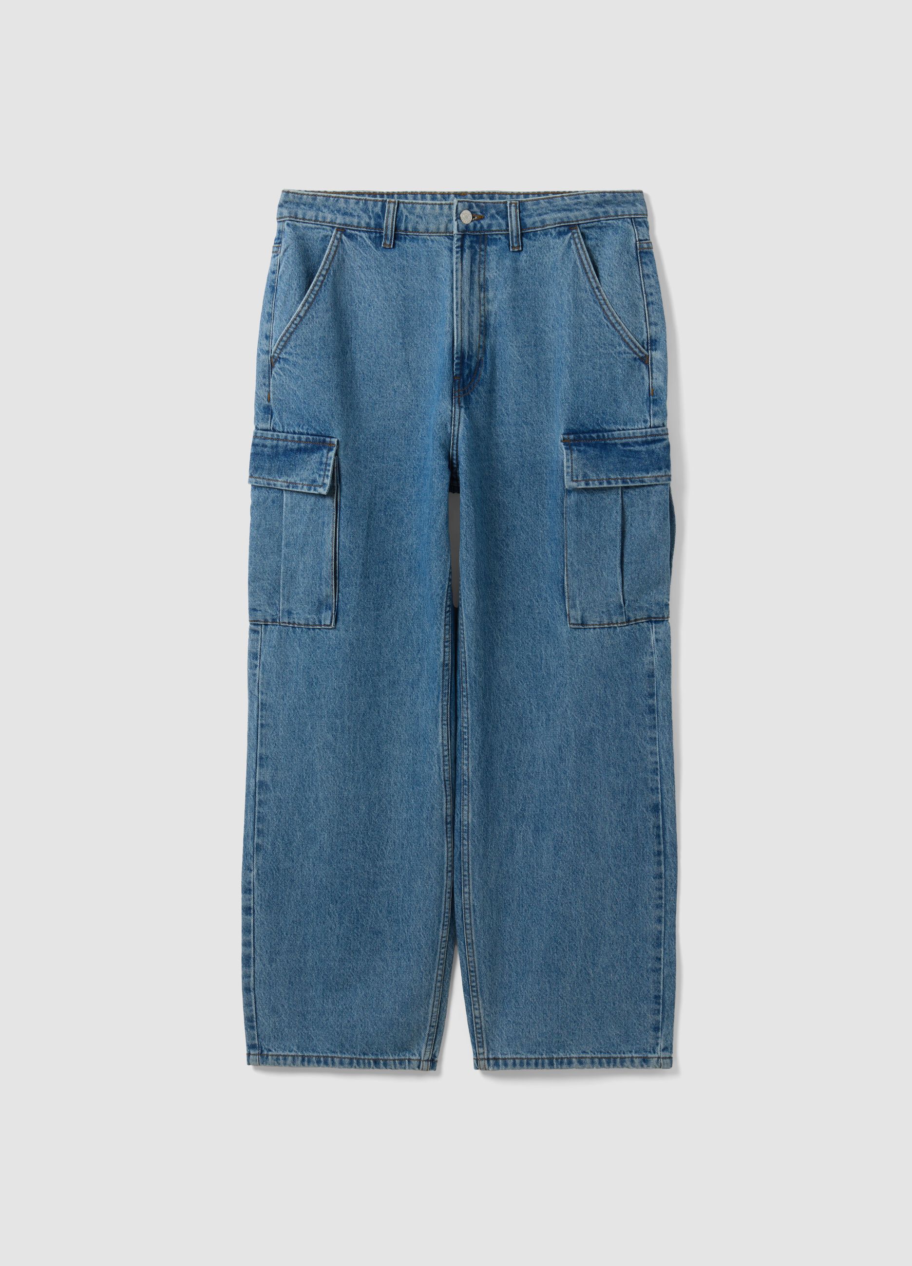 Blue pure cotton wide-leg cargo jeans