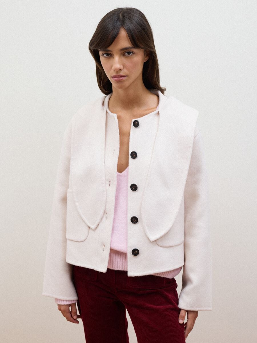Cappotto bianco corto in misto lana con cappuccio regular fit_0