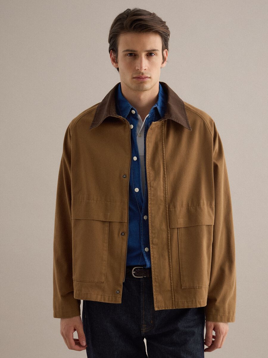 Brown pure cotton regular fit jacket with contrast collar_1