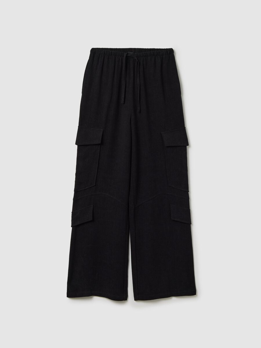 Cargo Linen Wide Leg Trousers Black_4