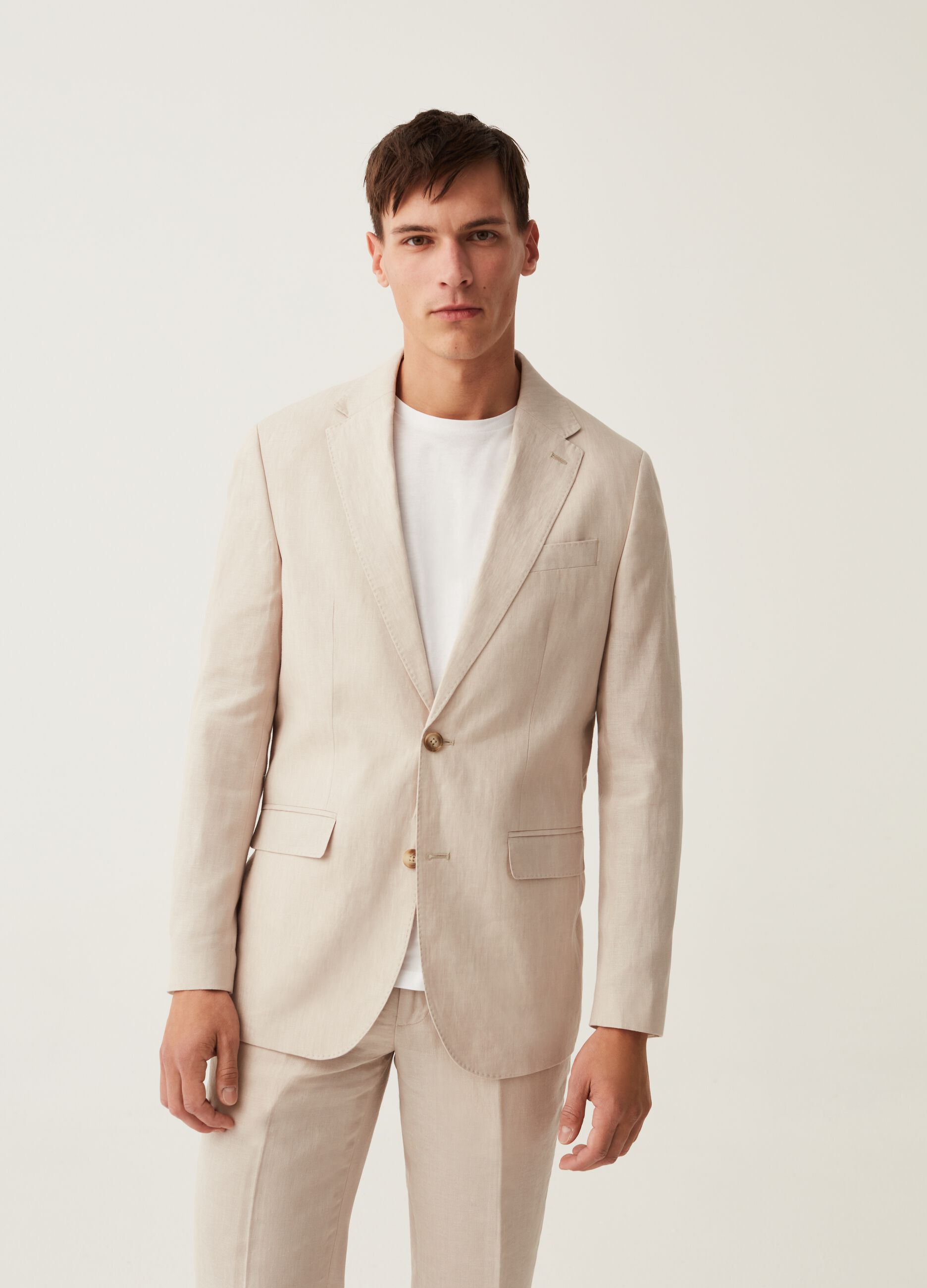 Blazer slim fit in lino beige chiaro_0