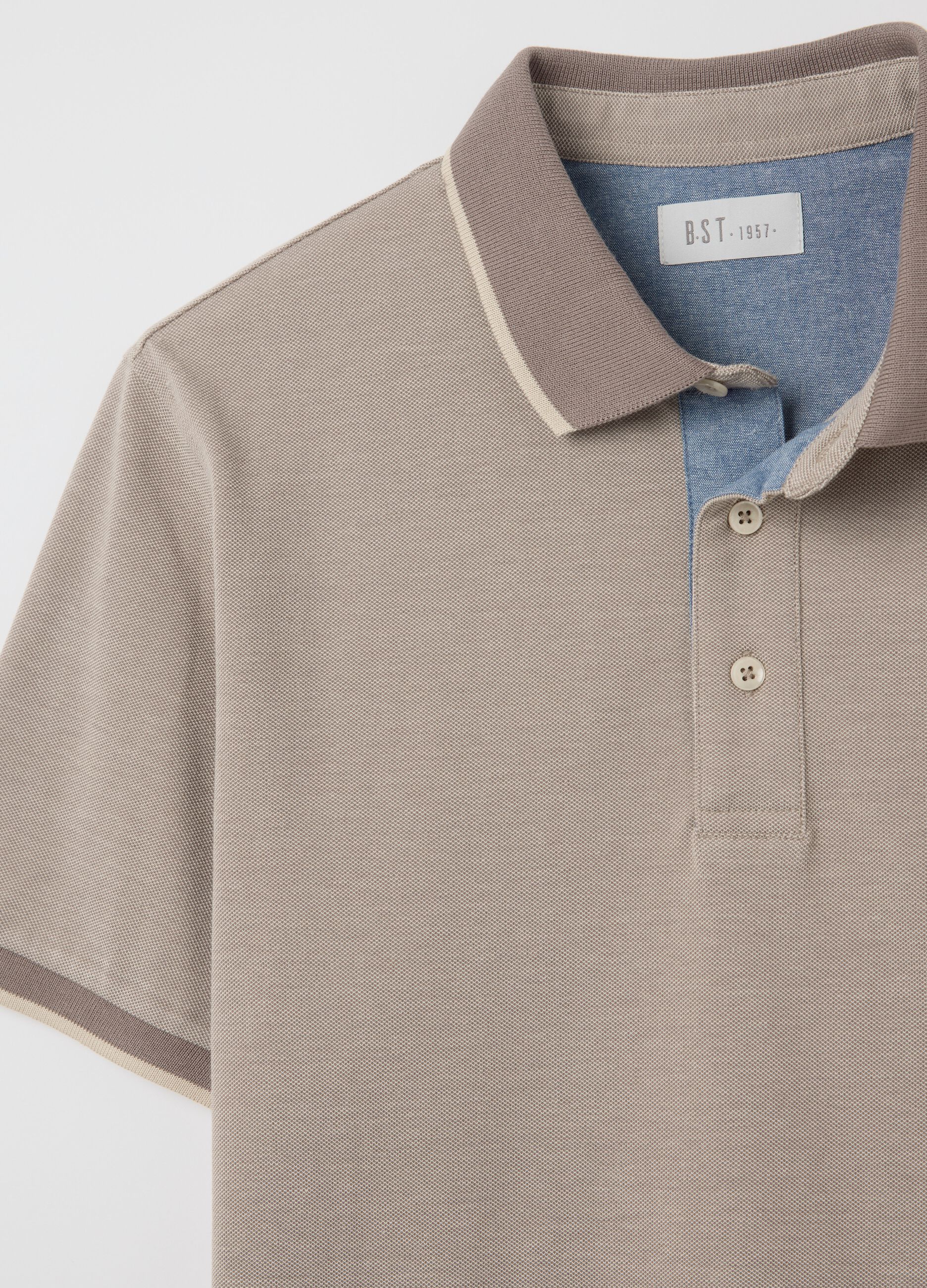 Beige polo shirt with short sleeves in cotton piquet
