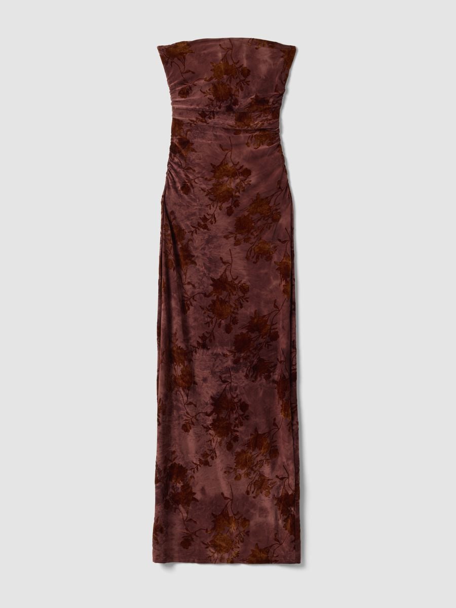 Abito fitted lungo rosso in tessuto elasticizzato a fiori_0