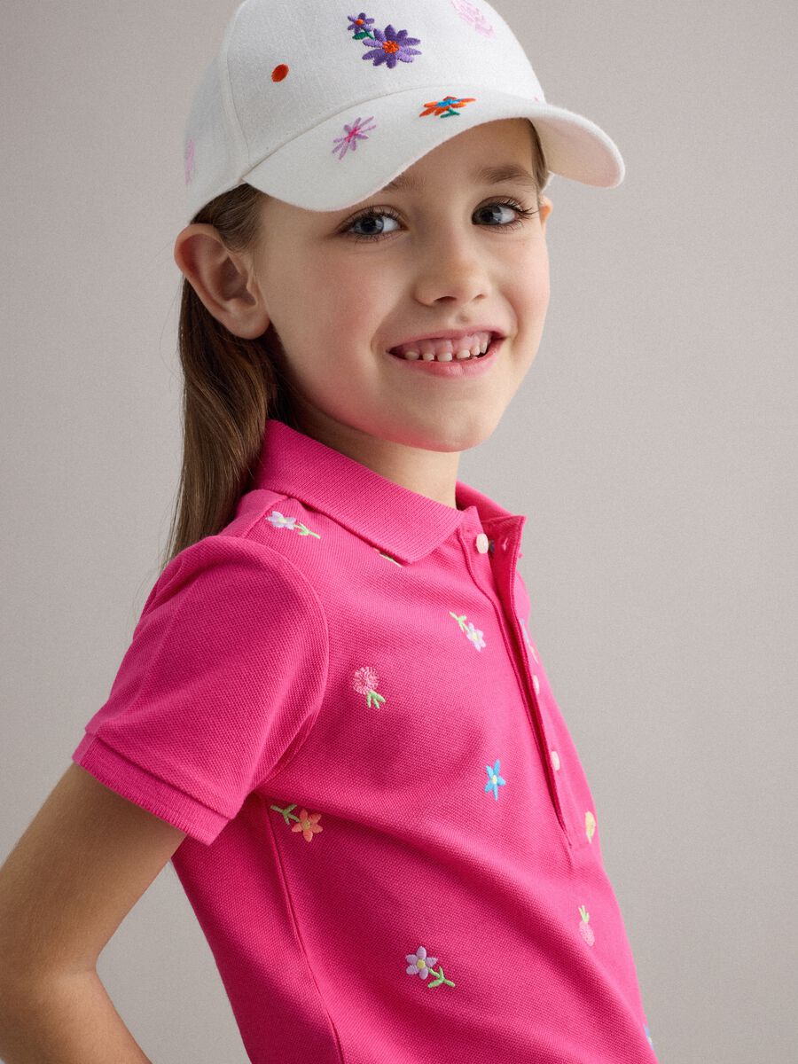 Girls' regular fit pure cotton pink polo with embroidered flowers_2