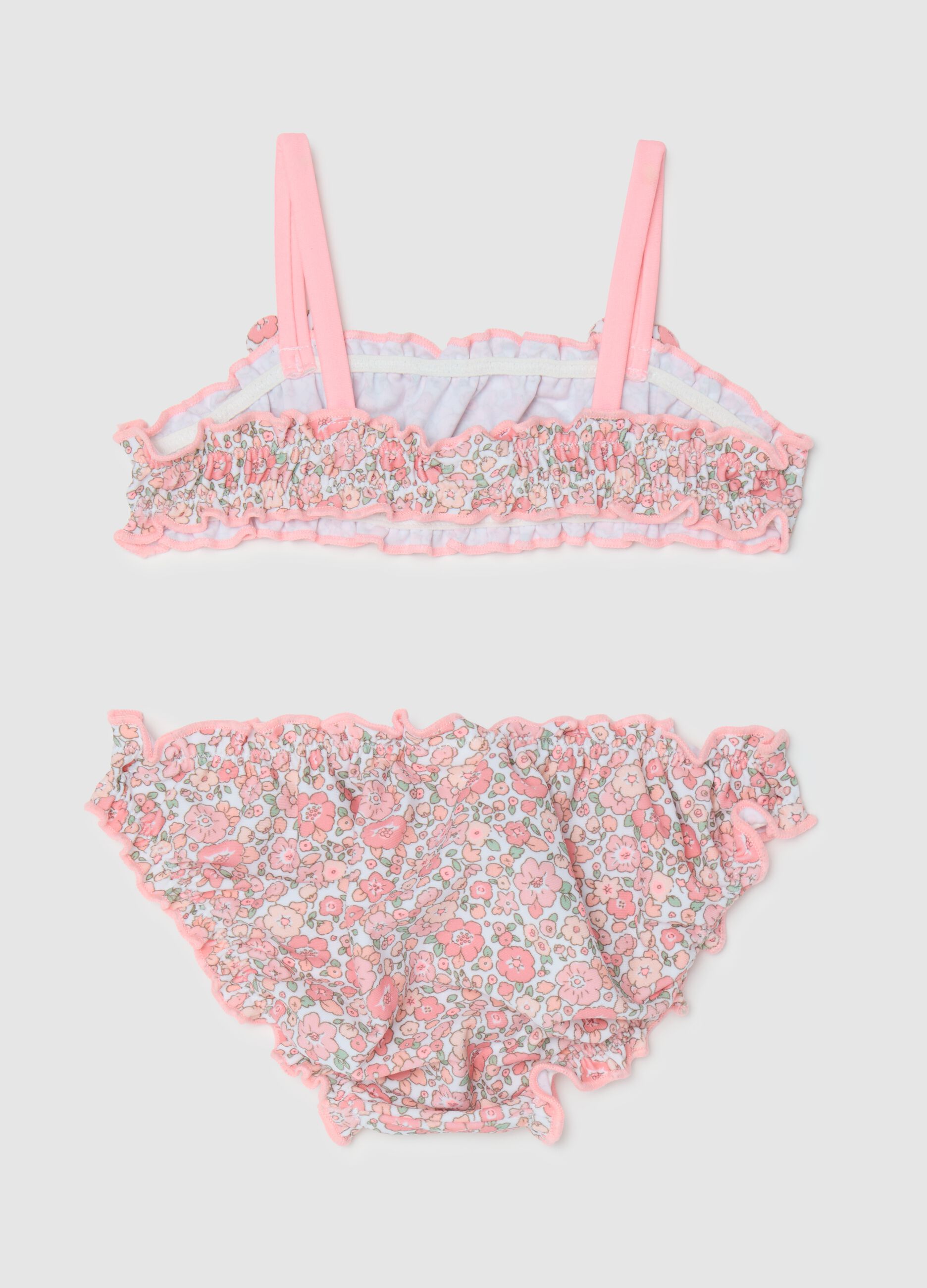 Costume bikini da bambina in misto elasticizzato multicolor con profili arricciati