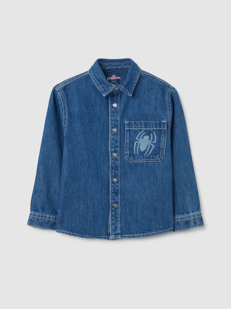 Blue denim regular fit kids' shirt with Spiderman print_0