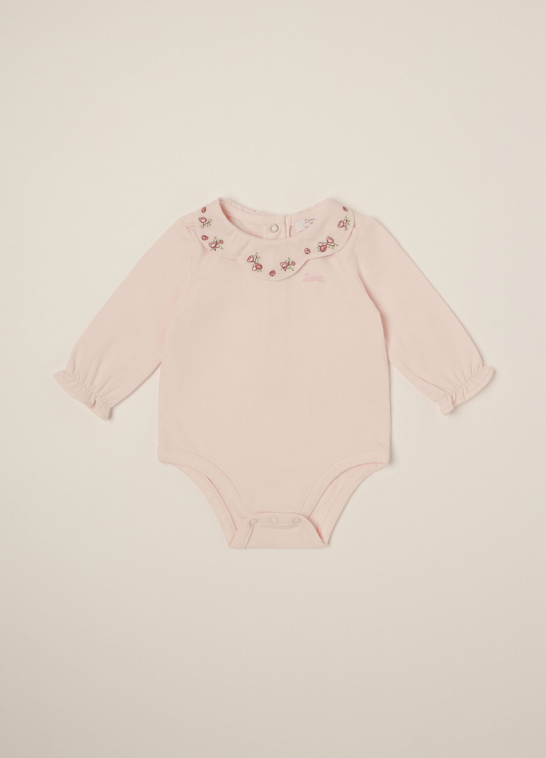 Pink stretch cotton bodysuit with embroidery