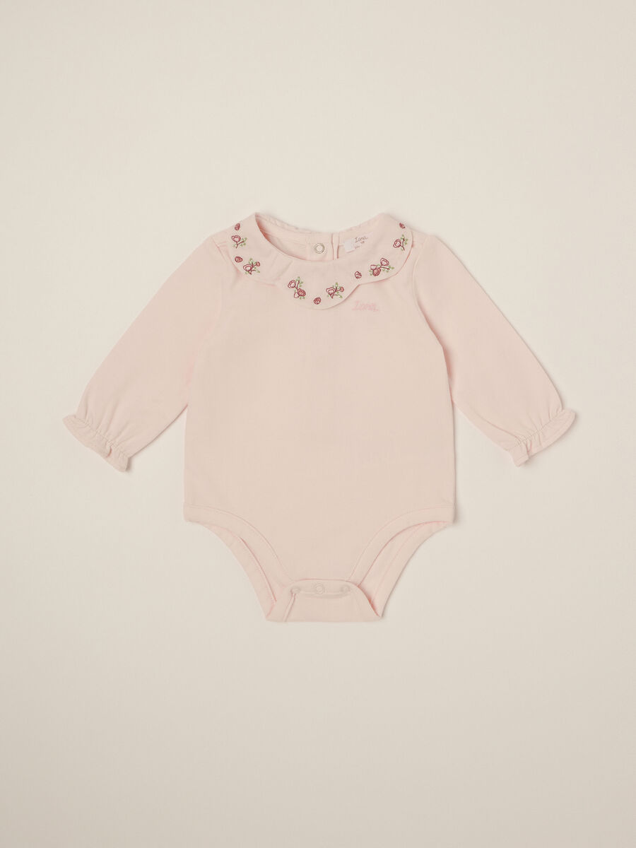Pink stretch cotton bodysuit with embroidery_0
