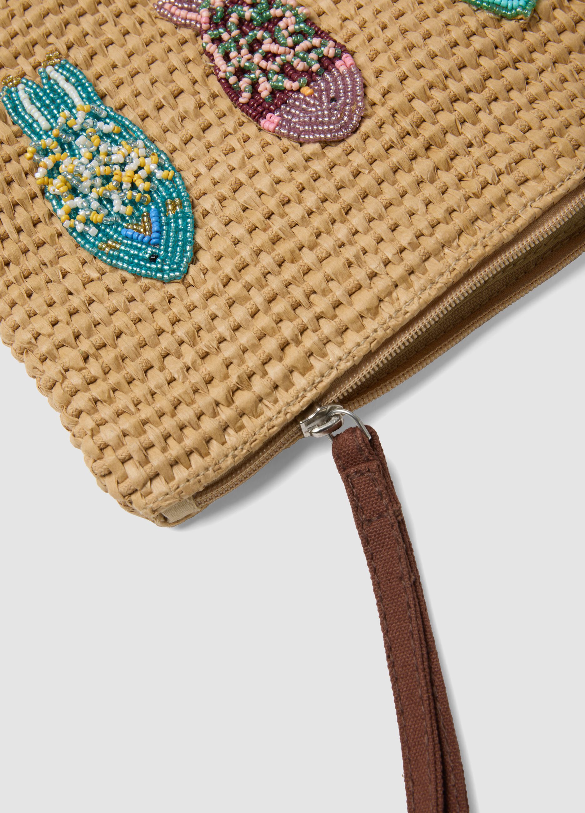 Beige cotton-blend pouch with zip and beaded details