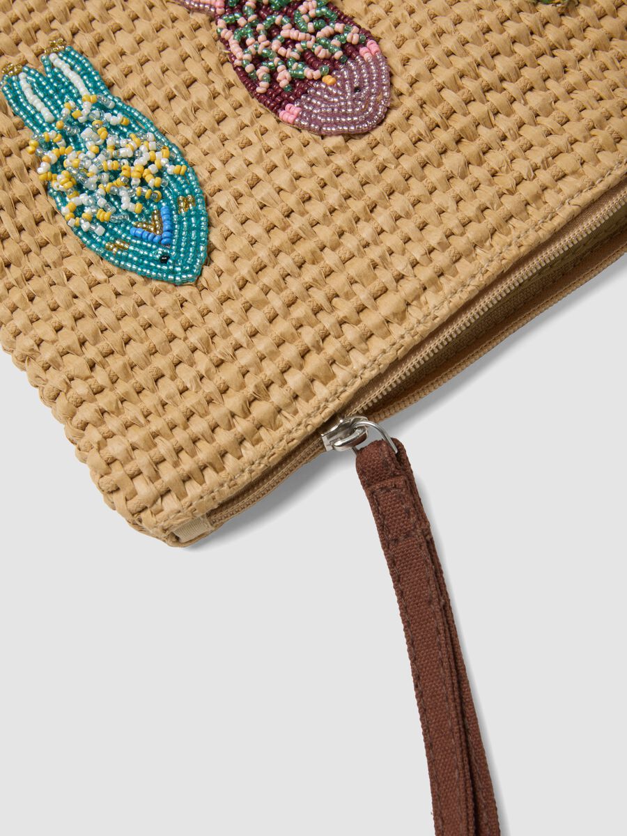 Beige cotton-blend pouch with zip and beaded details_2