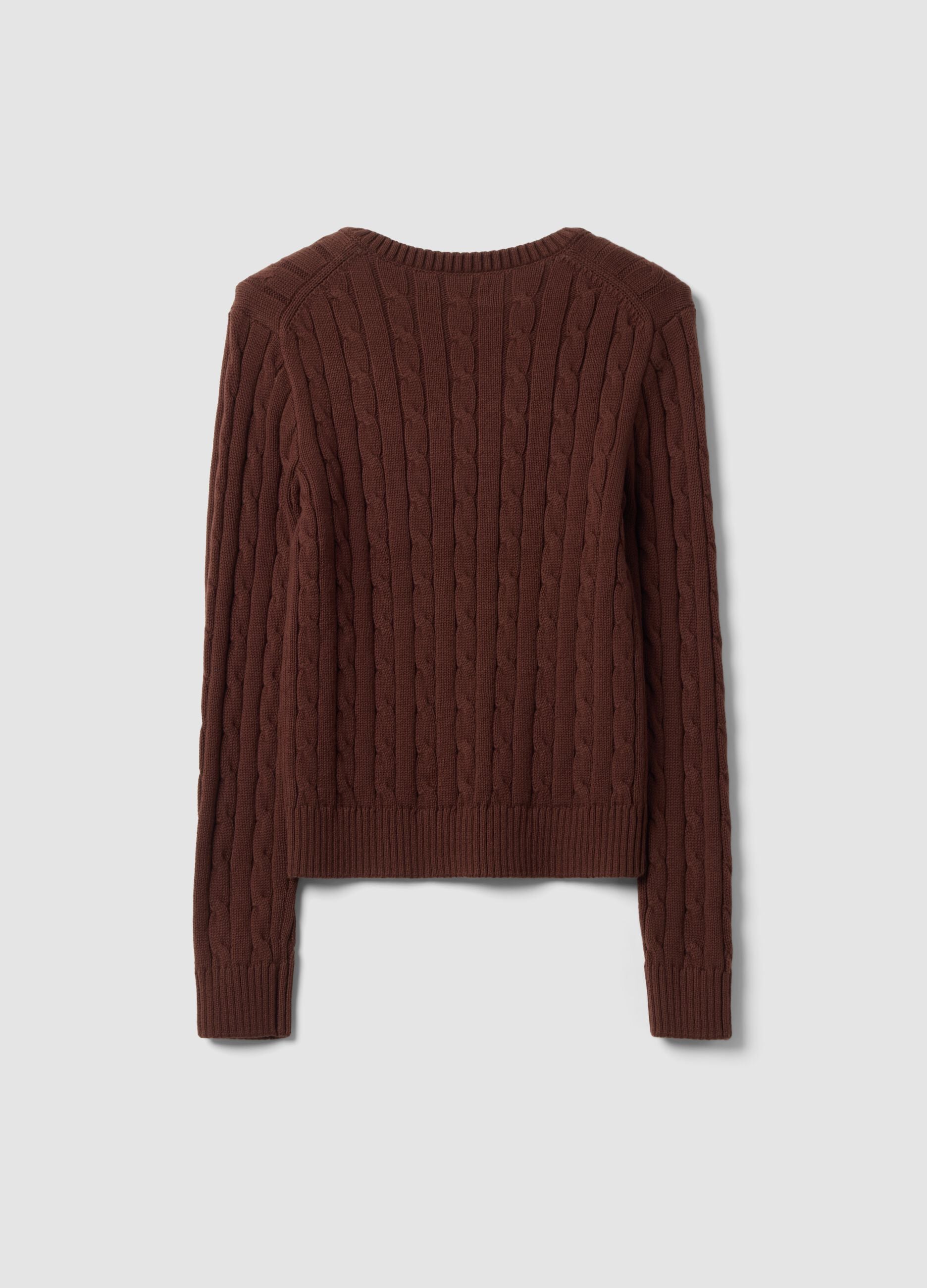 Brown pure cotton cable-knit jumper with deep V-neck