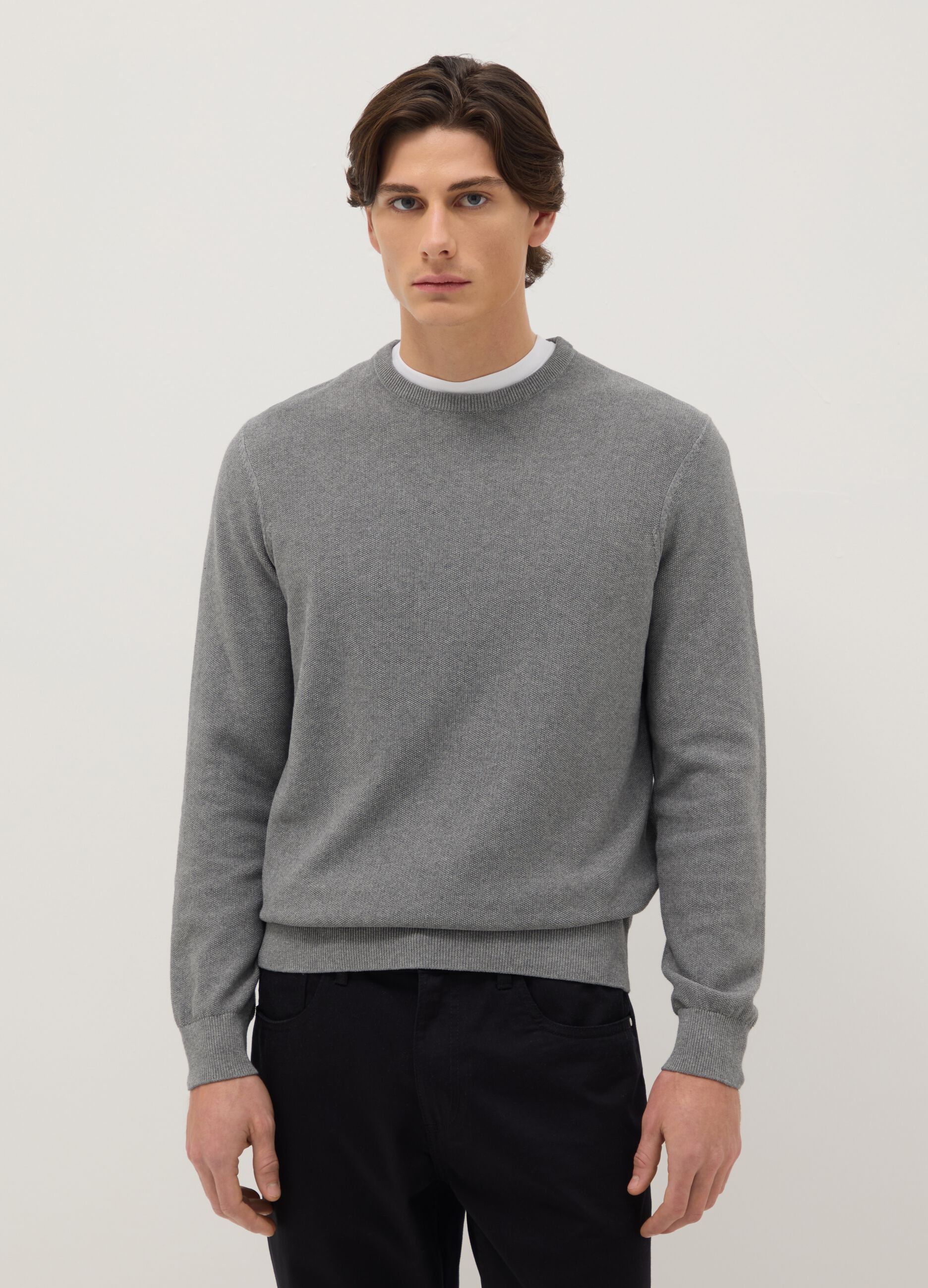 Grey crew neck pure cotton jumper in regular fit
