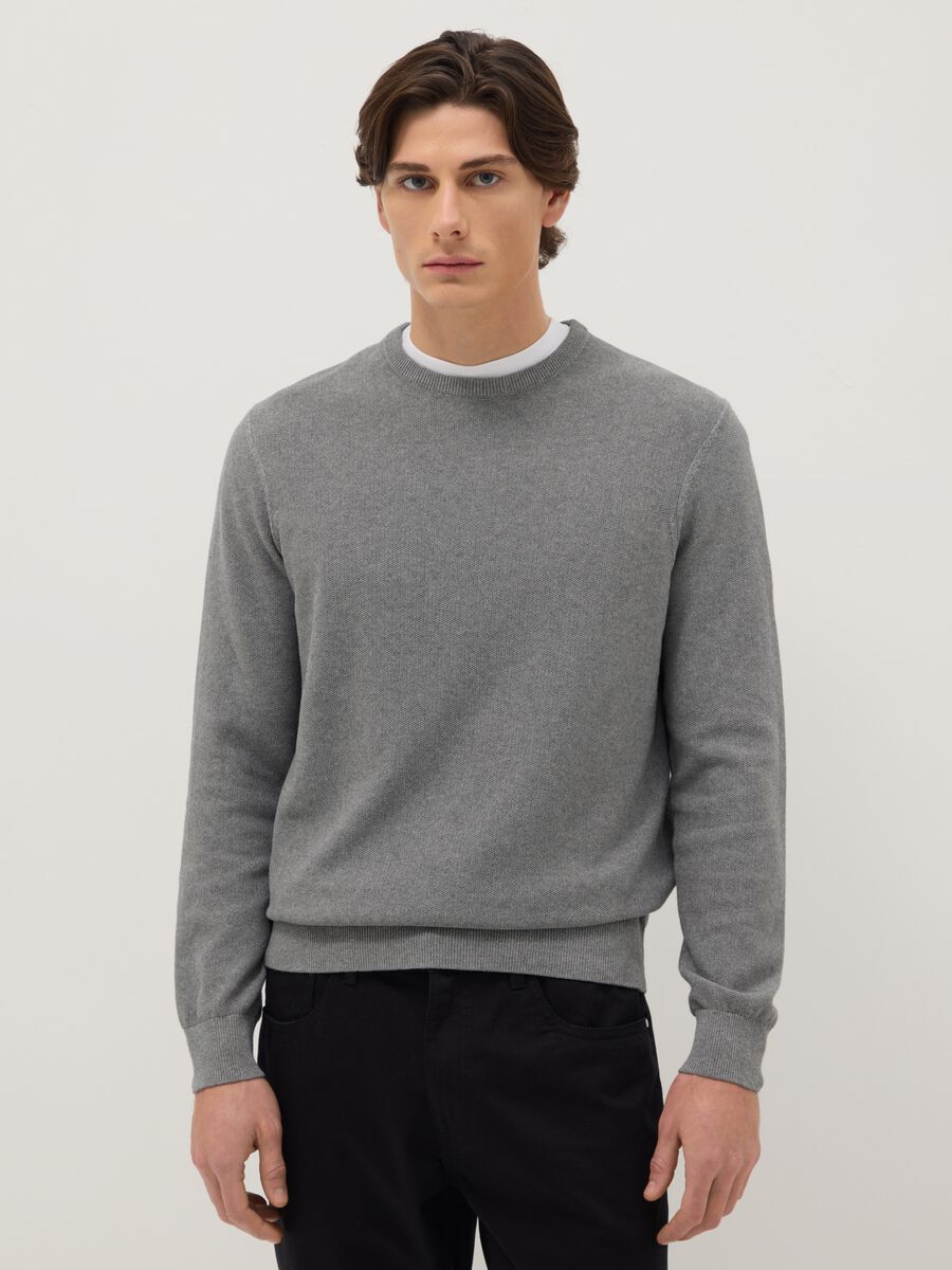 Grey crew neck pure cotton jumper in regular fit_0