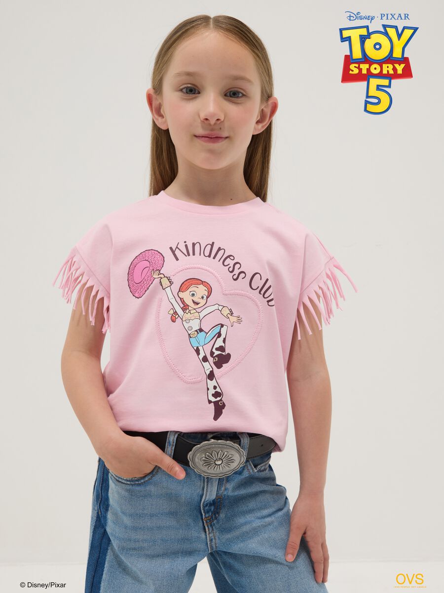 T-shirt rosa in puro cotone con frange sulle maniche e stampa Toy Story_0