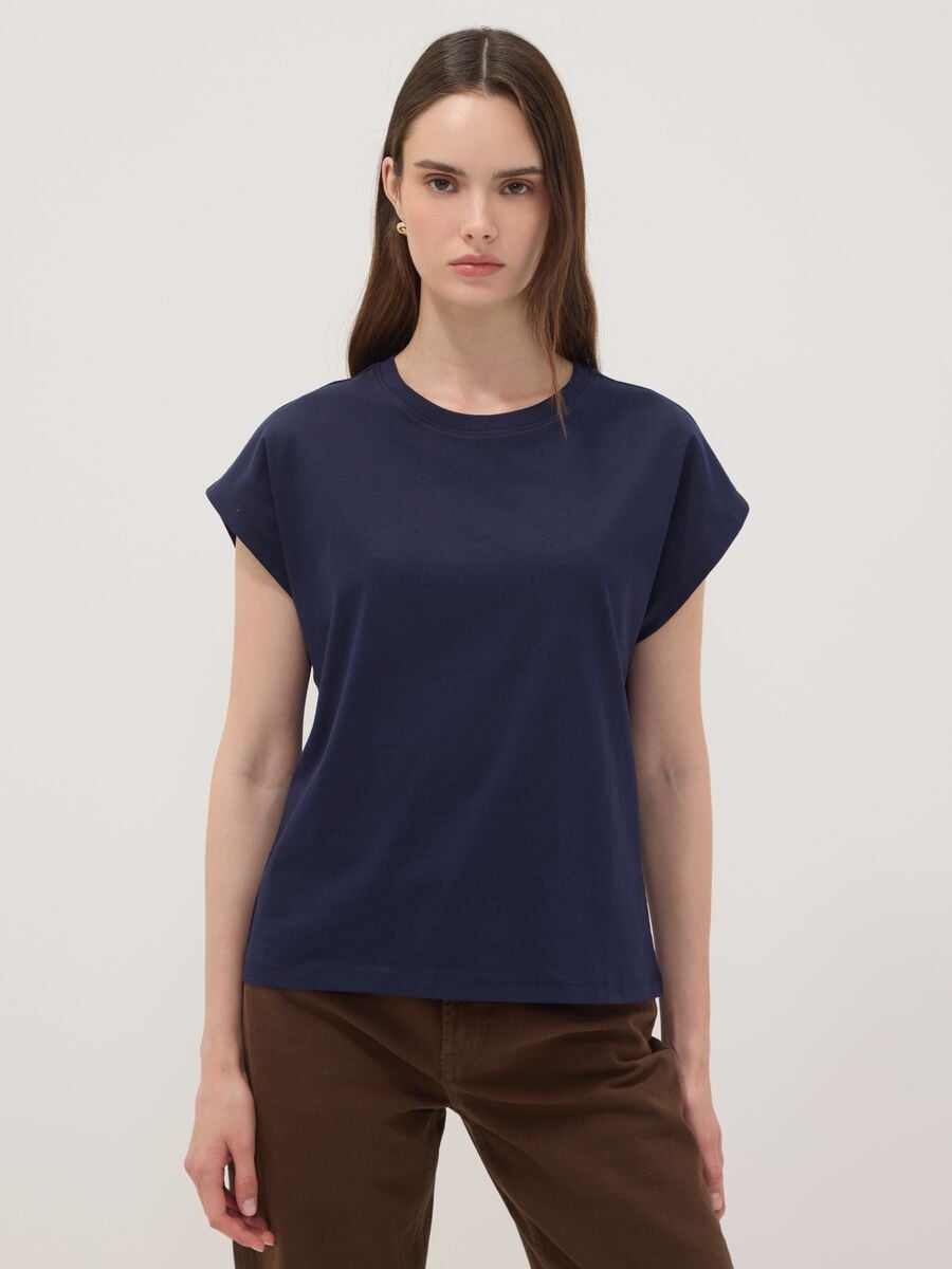 Blue pure cotton short-sleeve regular fit T-shirt_0
