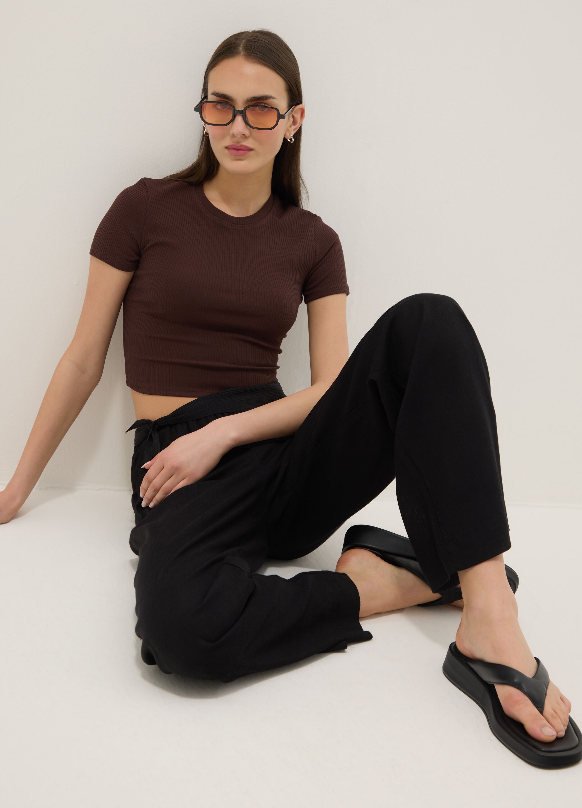 Brown ribbed fitted stretch-cotton T-shirt