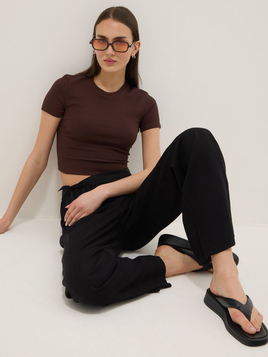 Brown ribbed fitted stretch-cotton T-shirt_0