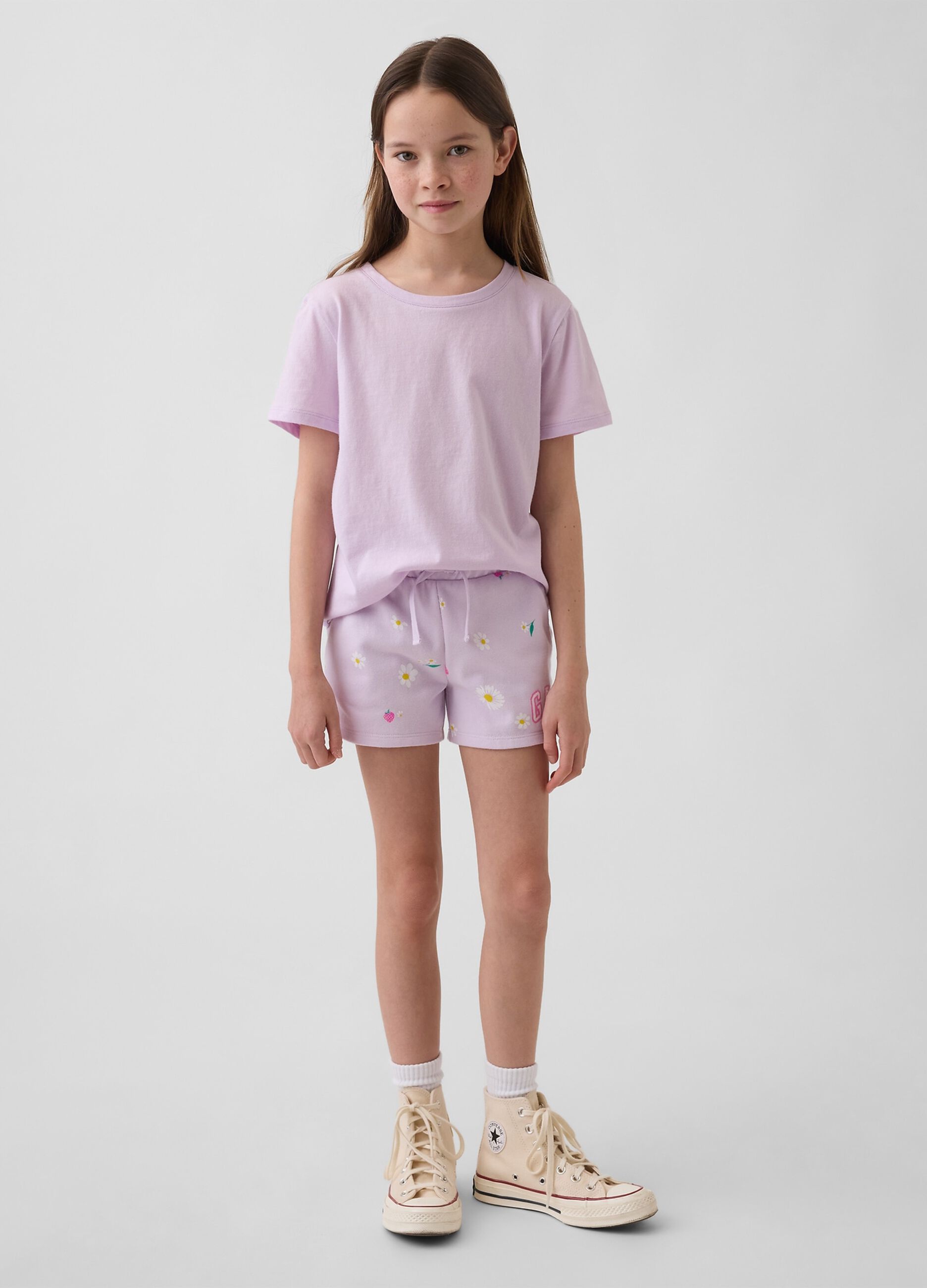 Girls' purple cotton blend shorts with strawberries and flowers