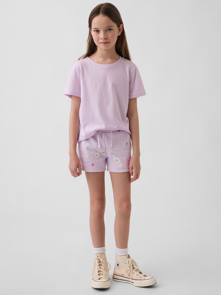 Shorts in misto cotone viola da bambina con fragole e fiori_0