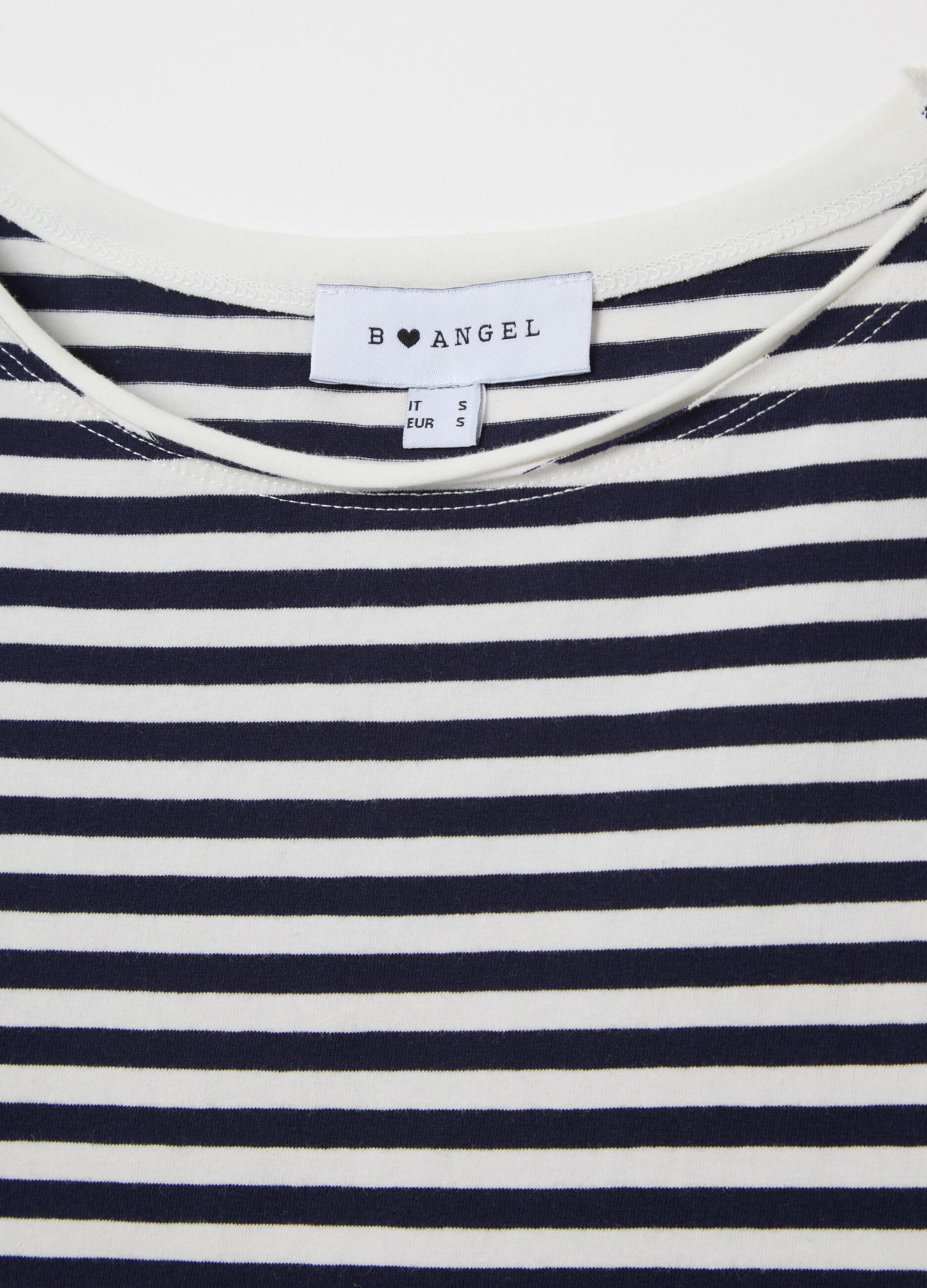 T-shirt da donna in cotone elasticizzato a righe bianche e blu