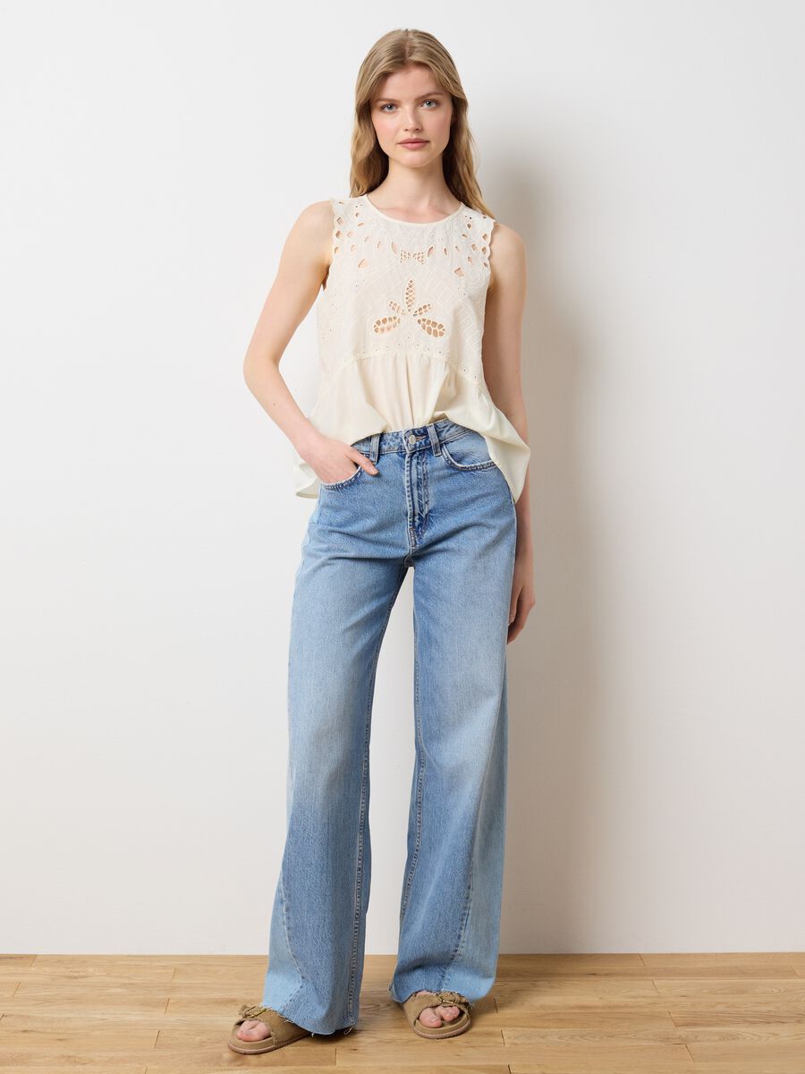 Women's top in pure beige cotton regular fit with embroidery_2
