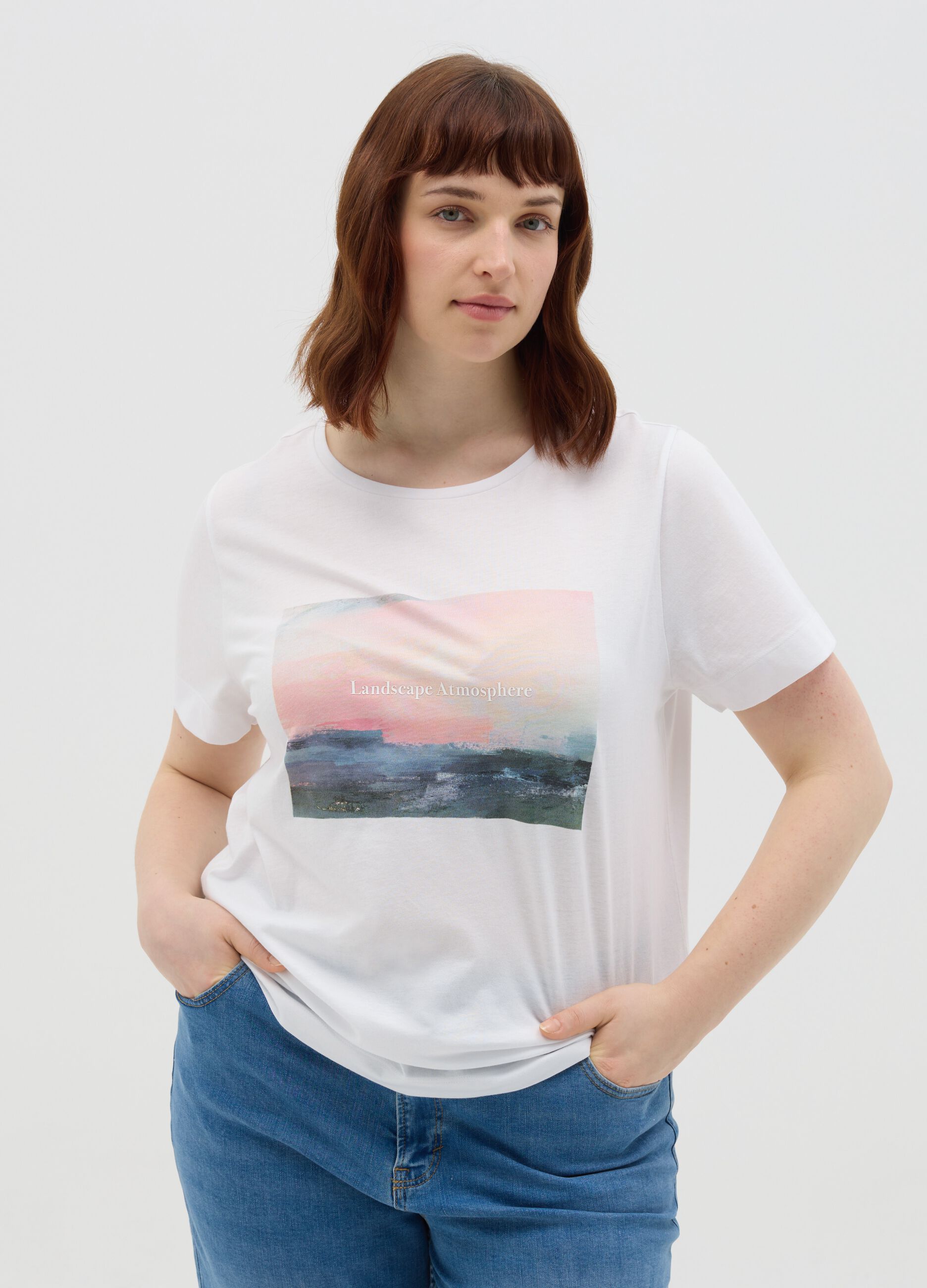 T-shirt bianca a maniche corte in cotone Curvy