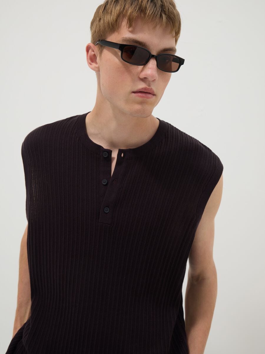 Black pure cotton ribbed waistcoat_0