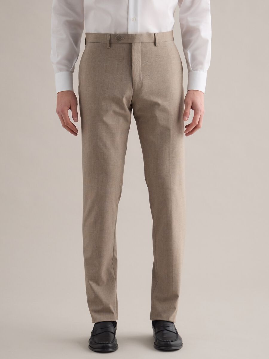 Beige Checked Slim Fit Trousers_1
