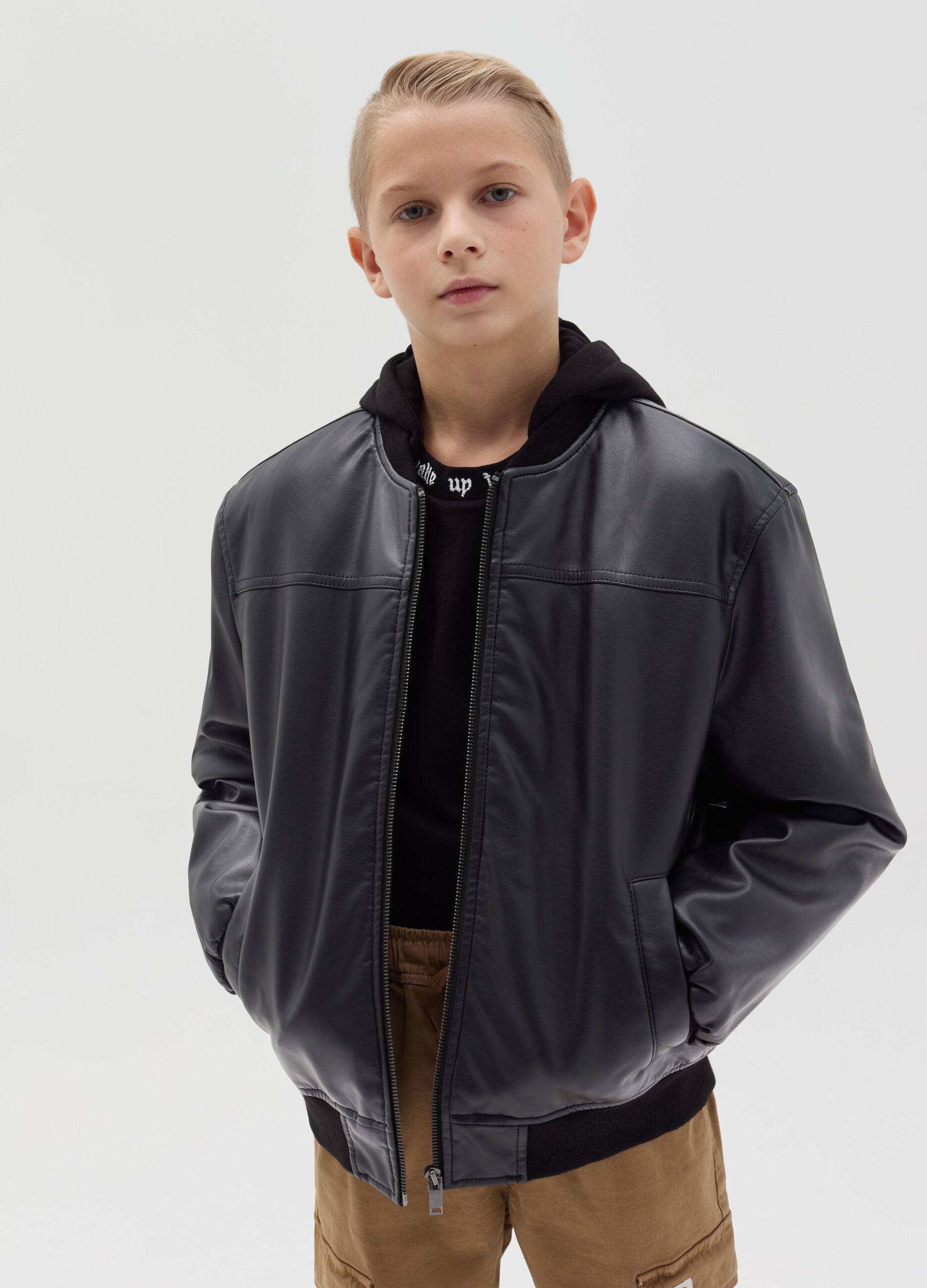 Shiny bomber jacket with hood