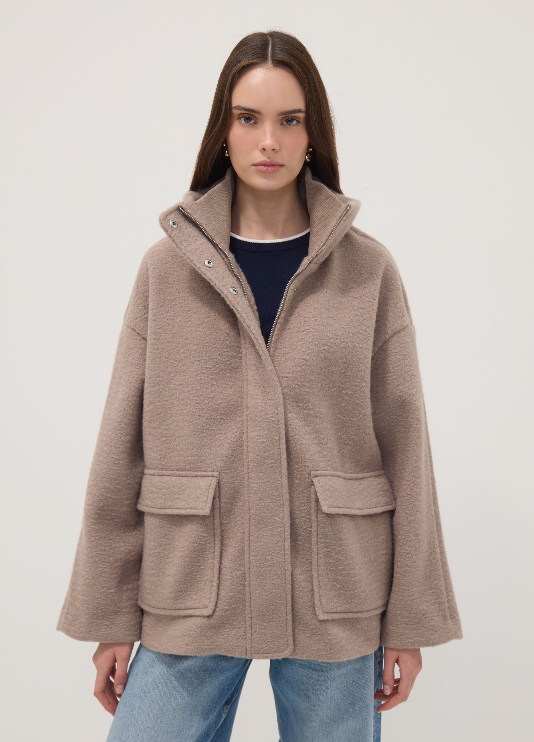 Beige regular-fit jacket with high neck and patch pockets