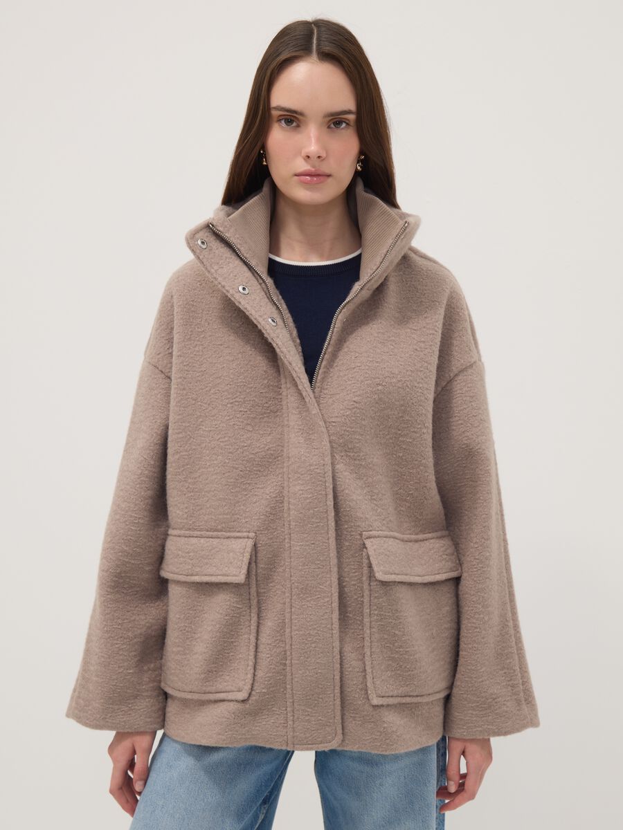 Beige regular-fit jacket with high neck and patch pockets_0