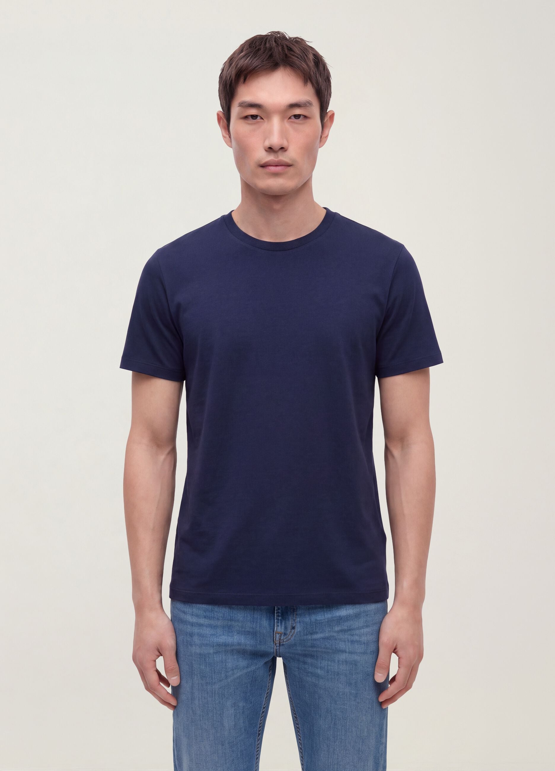 Blue mercerised pure cotton crew-neck T-shirt, regular fit