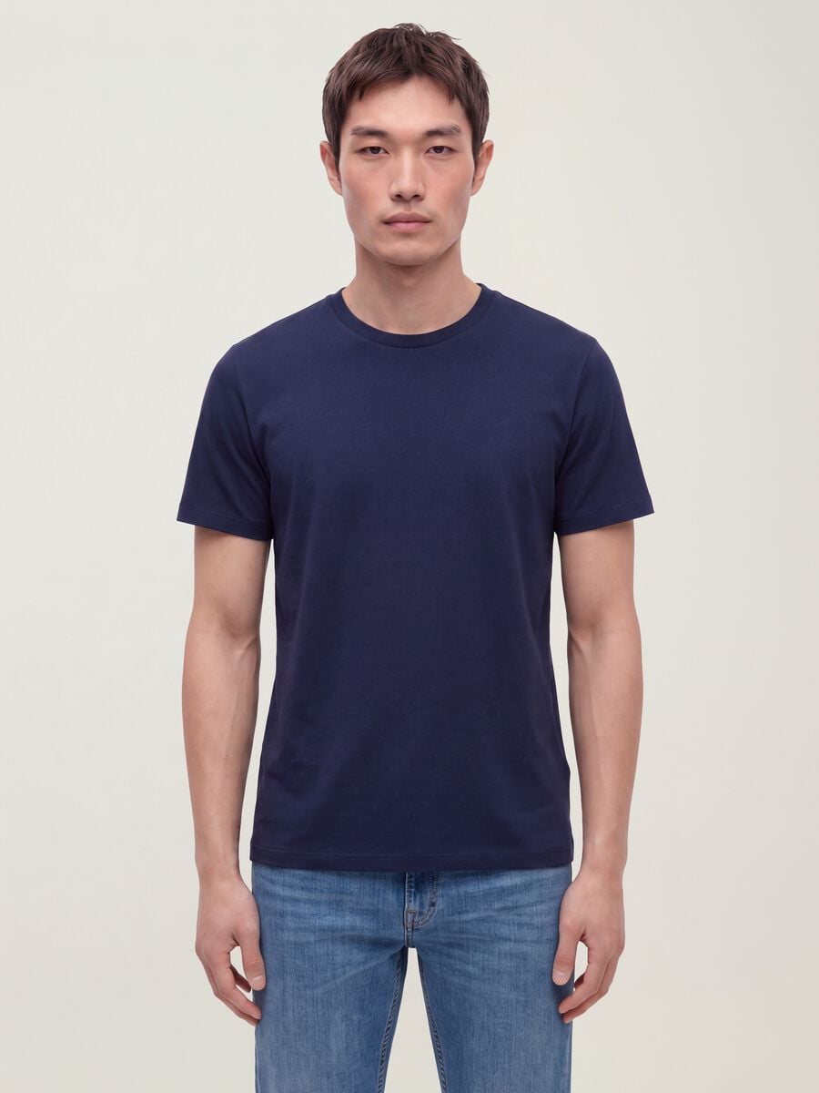 T-shirt blu in puro cotone mercerizzato a girocollo regular fit_0